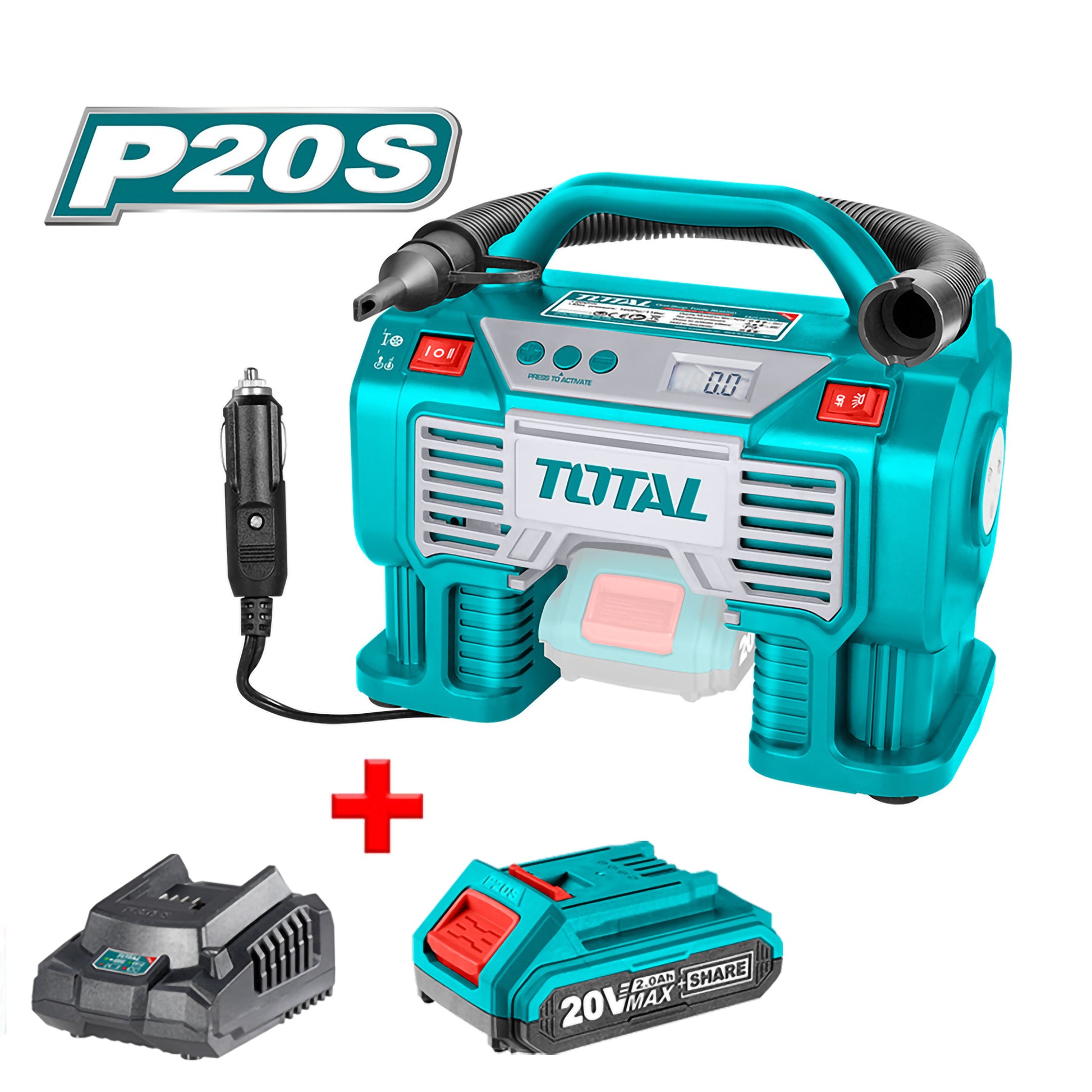 COMBO TOTAL COMPRESOR MINI INALAMBRICO 20V 160PSI AUTOMATICO PARA CARRO (TACLI2002) + BATERIA 2.0AH (TFBLI20011) + CARGADOR (UTFCLI2001)