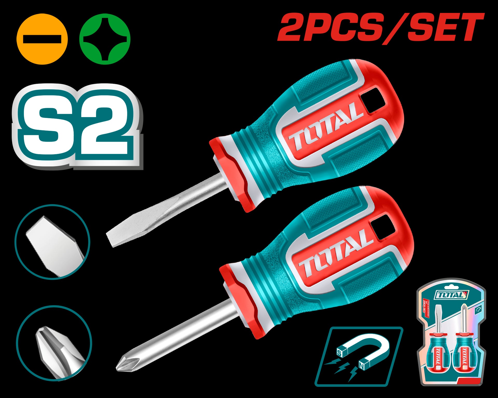 JUEGO DESTORNILLADORES X 2 PZS PUNTA IMANTADA (+)(-) 1/4 X 1 1/2" INDUSTRIAL SUPER TOTAL (TKSDS2226)