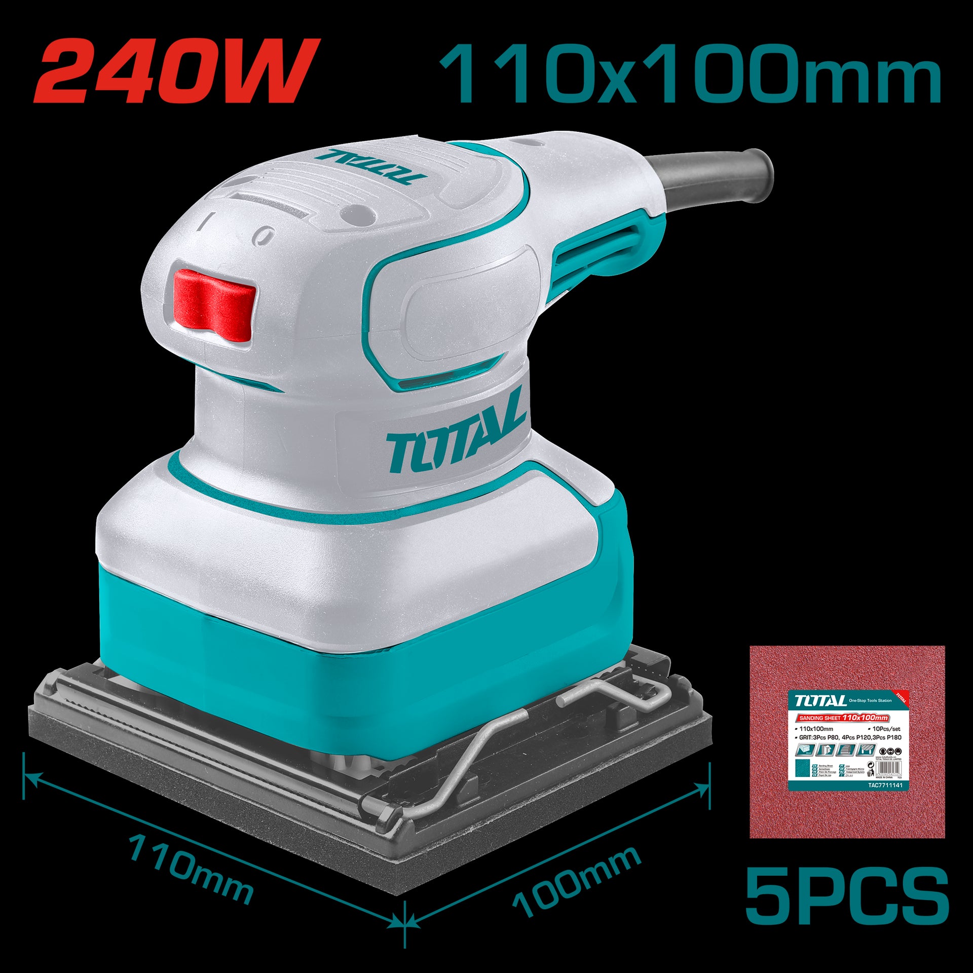 LIJADORA DE PALMA 4 3/8"X 4" 240W INCLUYE 5 LIJAS INDUSTRIAL SUPER TOTAL (UTF2241108)