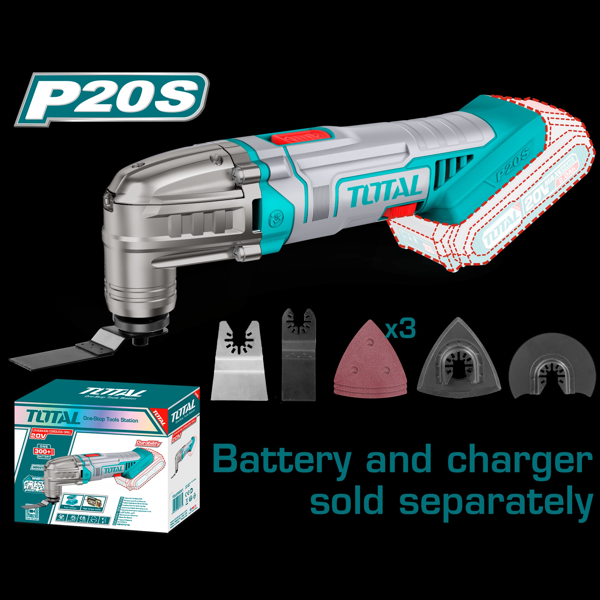 MULTIHERRAMIENTA INALAMBRICA OSCILANTE 20V + ACCESORIOS BATERIA Y CARGADOR NO INCLUIDO TOTAL (TMLI2022)