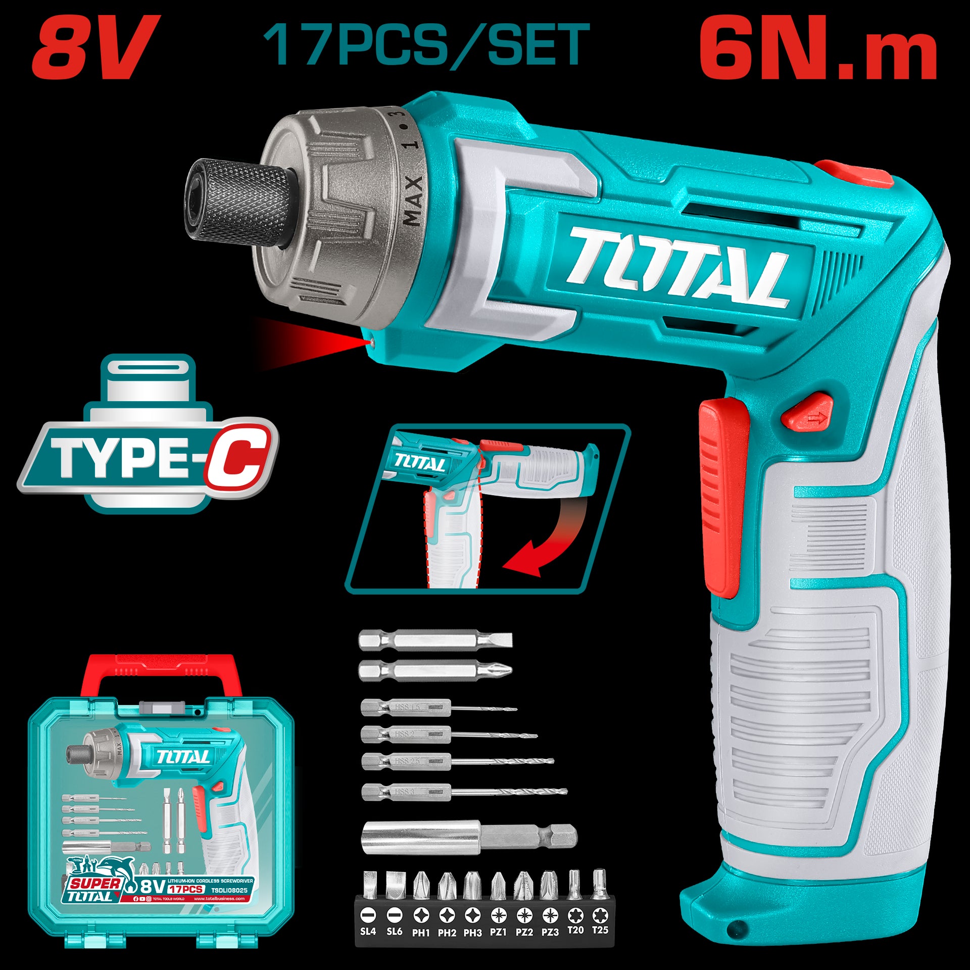 ATORNILLADOR INALAMBRICO 8V, 6N.M ESTUCHE PLASTICO + 17 PIEZAS TOTAL (TSDLI08025)
