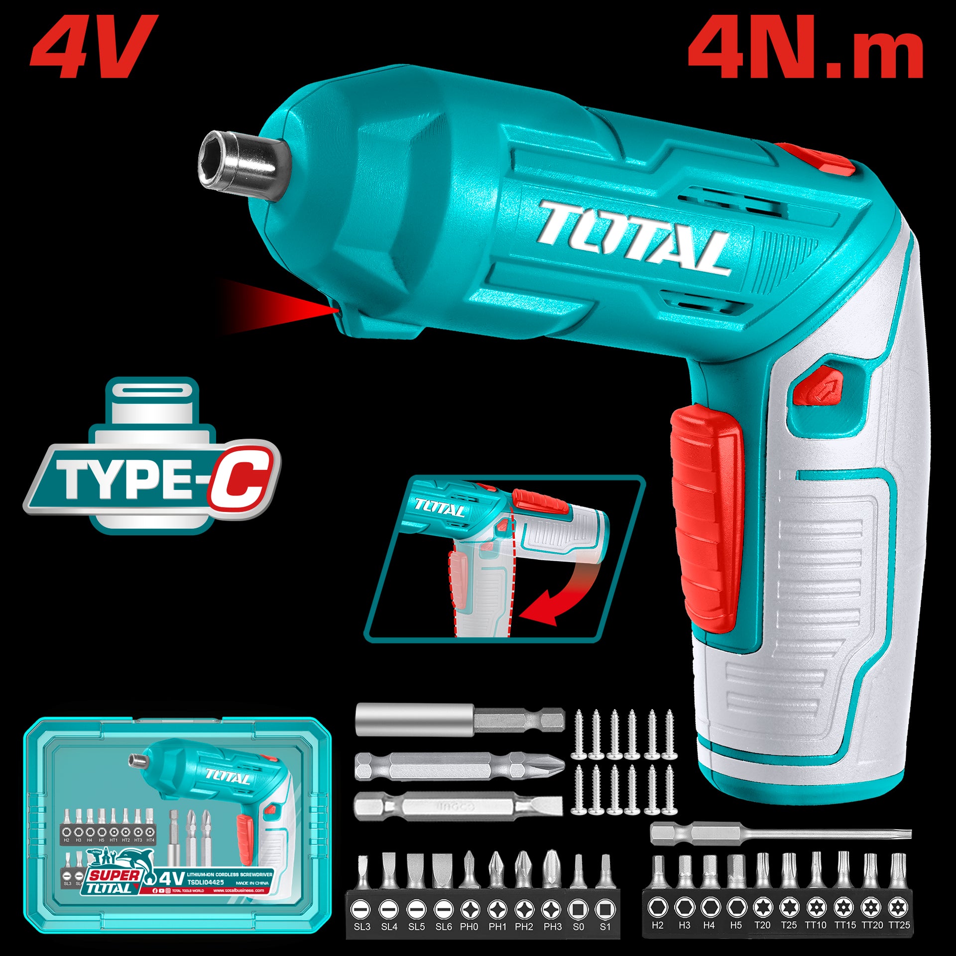ATORNILLADOR INALAMBRICO 4V ESTUCHE PLASTICO + 20 PUNTAS TALADRO DE 25MM, 2 DE 50MM, 1 BROCA Y CONECTOR SUPER TOTAL (TSDLI04425)