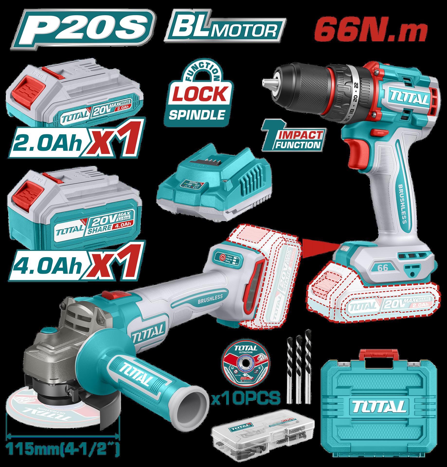 COMBO INALAMBRICO TALADRO 1/2" 20V 66NM + PULIDORA 4 1/2" INCLUYE 1 BATERIA 20V(2.0AH), 1 BATERIA 20V(4.0AH),CARGADOR 20V, 10 DISCOS DE CORTE Y ACCESORIOS TOTAL (UTCKLI20273)