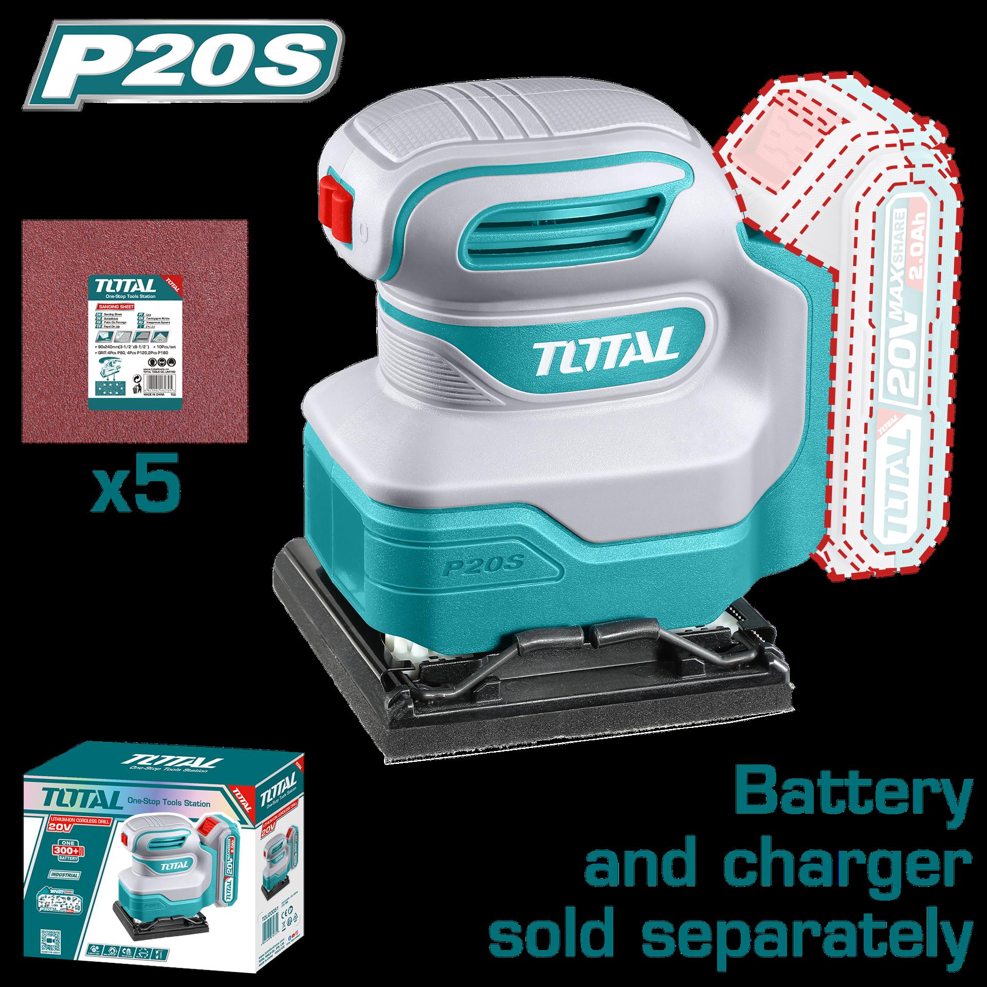 LIJADORA DE PALMA 4 3/8"X 4" INALAMBRICA 20V INCLUYE 5 LIJAS INDUSTRIAL SUPER TOTAL (TSHSLI2014)