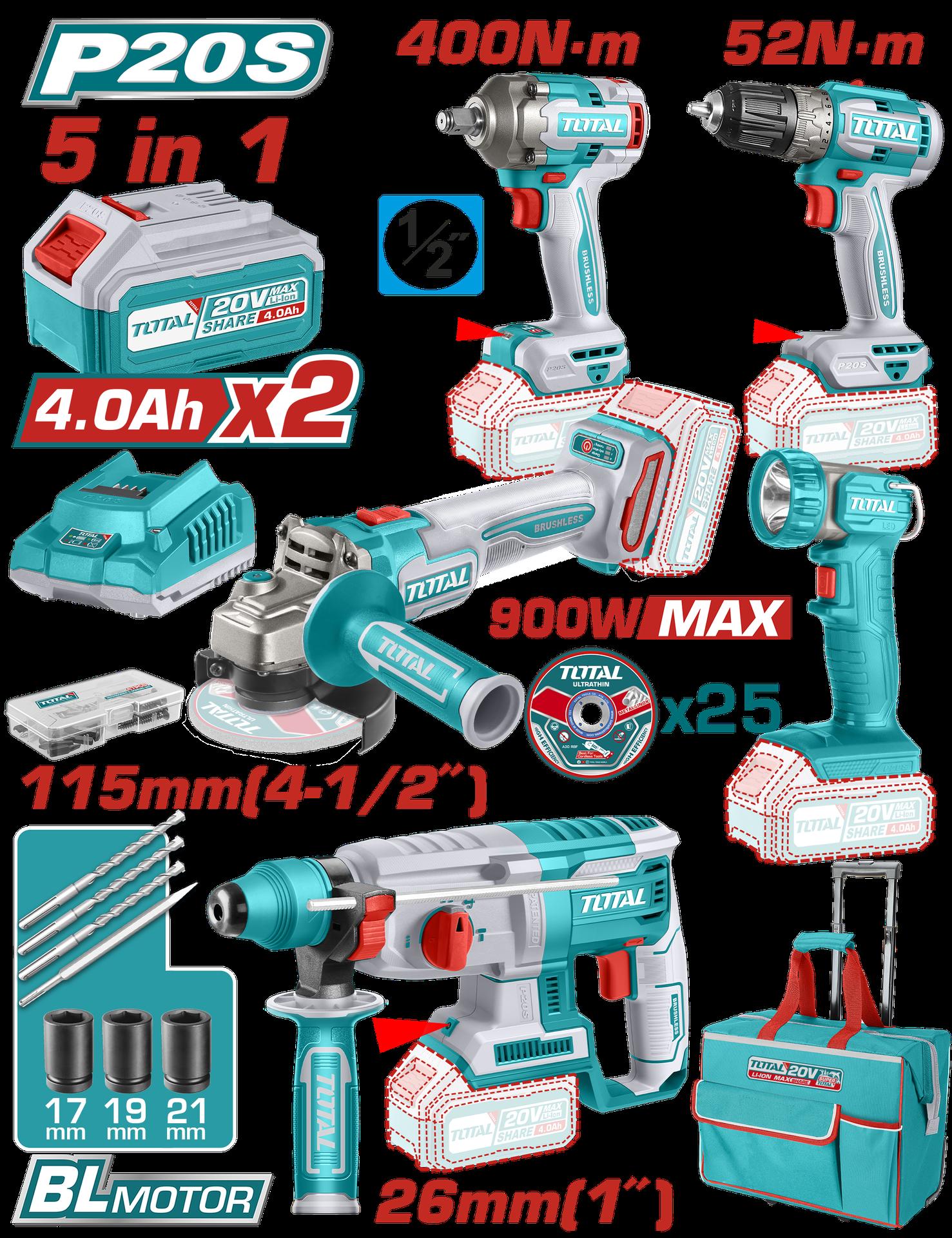 COMBO INALAMBRICO 20V TALADRO 3/8" 52NM + PISTOLA DE IMPACTO 1/2" 400NM + TALADRO ROTOMARTILLO 2,5 JULES + PULIDORA 4 1/2" + LINTERNA INCLUYE 2 BATERIA 20V(4.0AH) INCLUYE 25 DISCOS DE CORTE Y ACCESORIOS INDUSTRIAL SUPE