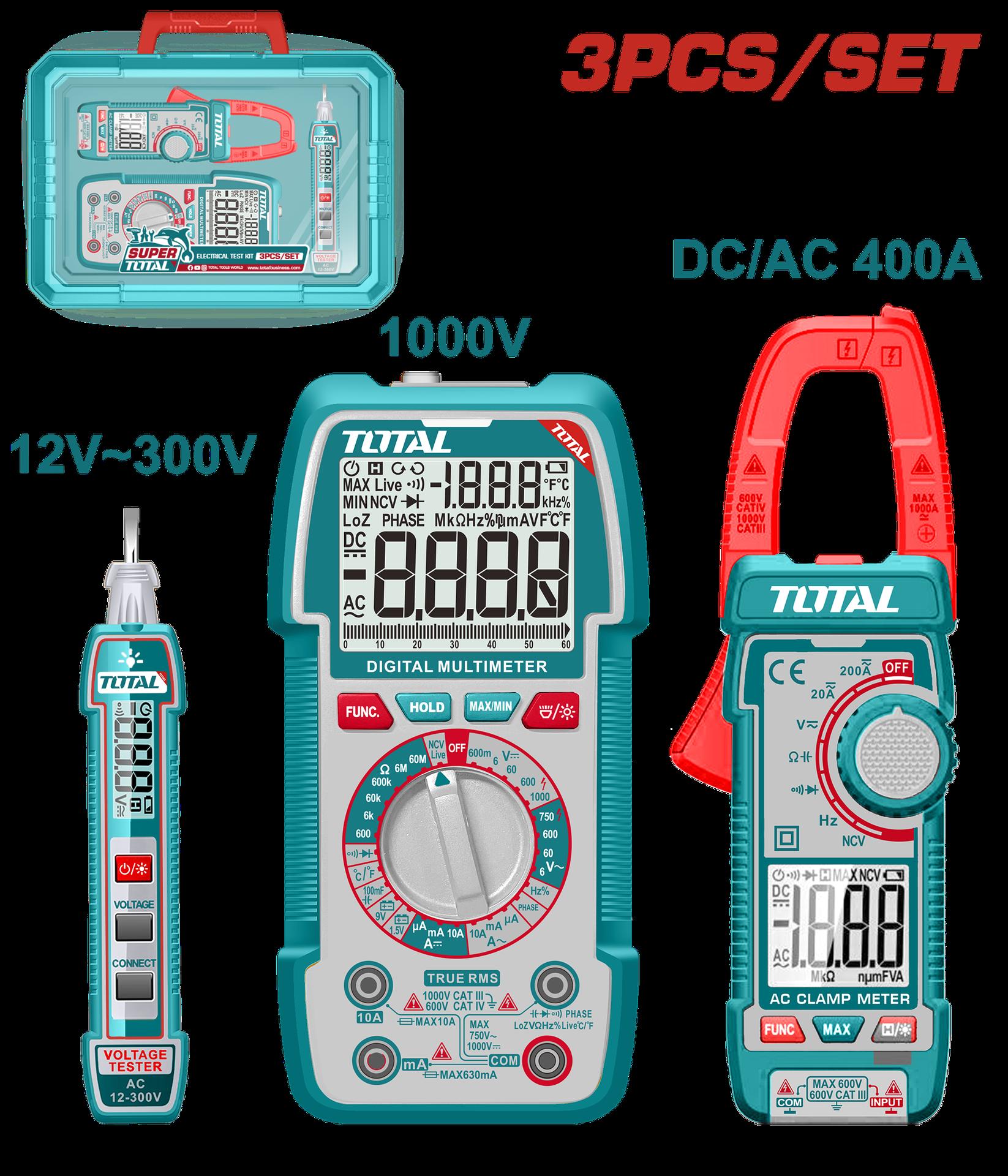 KIT MEDIDOR DE CORRIENTE DIGITAL INCLUYE PROBADOR - TESTER - PINZA SUPER TOTAL (TOS24067)