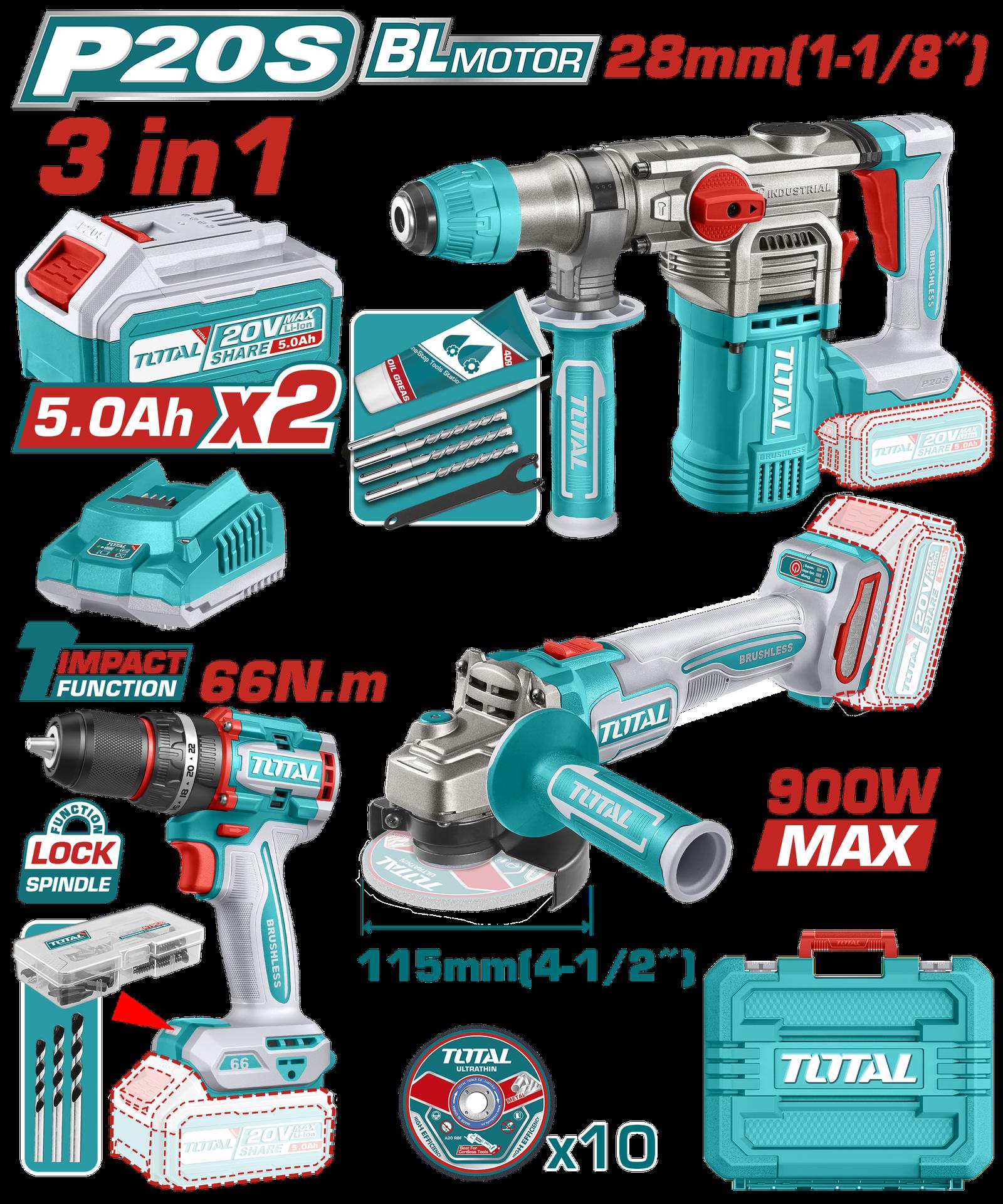 COMBO INALAMBRICO 20V X 3 PZS TALADRO ATORNILLADOR INALAMBRICO 1/2 66 NM + PULIDORA INALAMBRICA 4 1/2 + TALADRO ROTOMARTILLO SDS PLUS 4.5 JULES INLCUYE 2 BATERIAS 5.0AH , 1 CARGADOR , 10 DISCOS DE CORTE Y 47 ACCESORIOS
