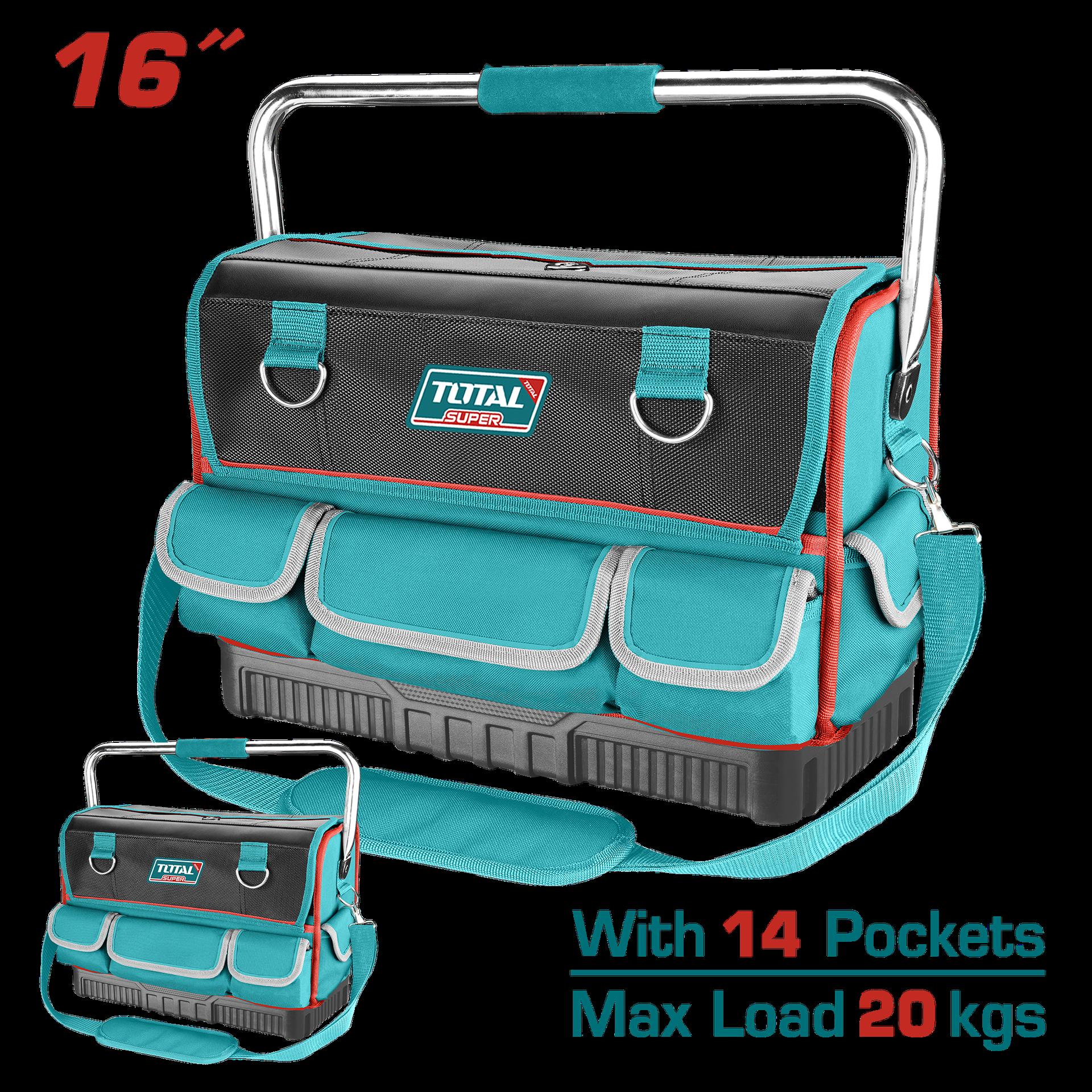 BOLSO DE HERRAMIENTAS 16 REFORZADO CON MANIJA METALICA CAPACIDAD MAXIMA 20KG INDUSTRIAL SUPER TOTAL (THT66L12)