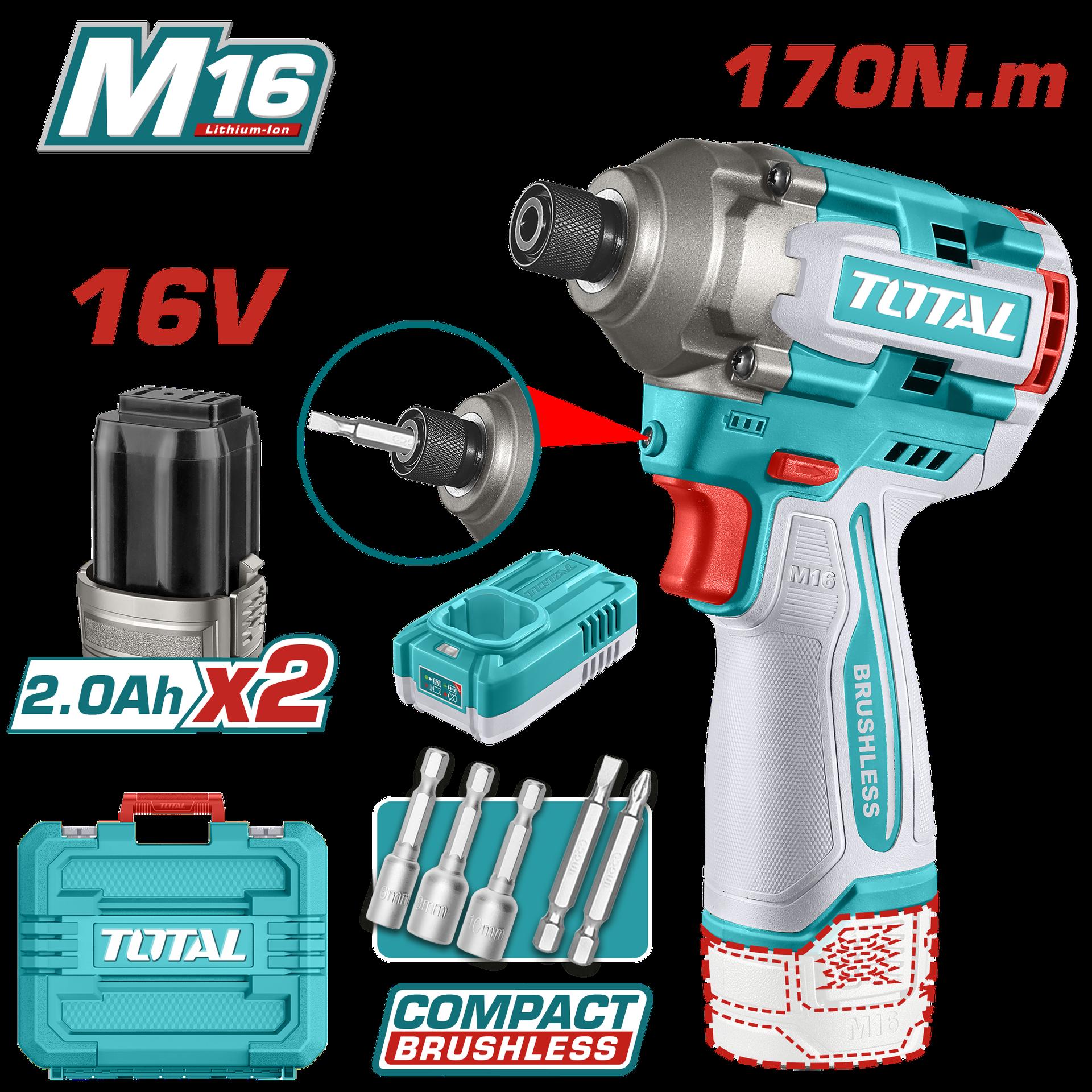 ATORNILLADOR DE IMPACTO INALAMBRICO 16V 170NM INCLUYE 2 BATERIAS 2.0AH, CARGADOR, PUNTA TALADRO Y COPA INDUSTRIAL SUPER TOTAL (UTIRLI16178)