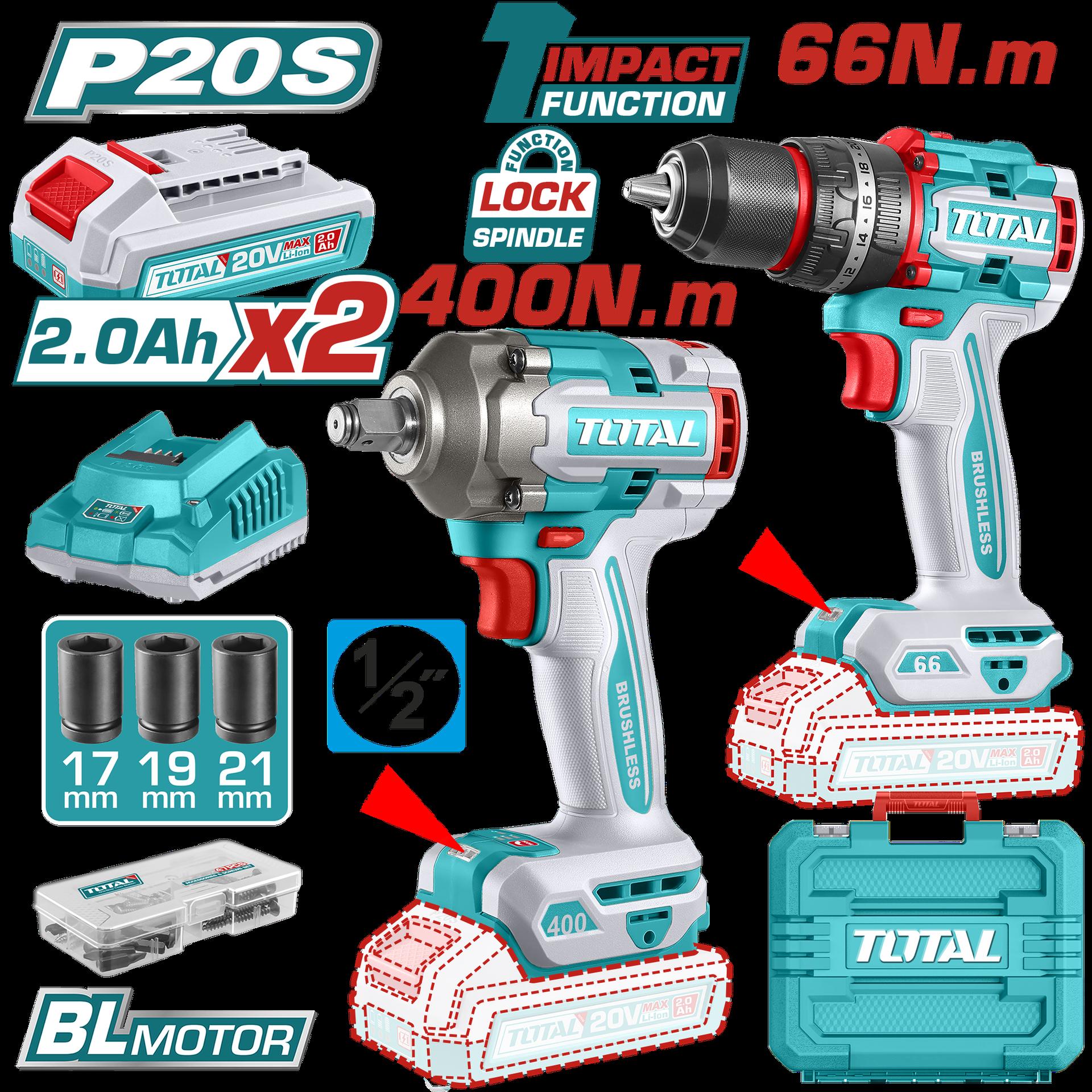 COMBO INALAMBRICO TALADRO 1/2" 66 N.M + PISTOLA DE IMPACTO 1/2" 20V 400 N.M INCLUYE 2 BATERIA 2.0AH , 1 CARGADOR Y ACCESORIOS SUPER TOTAL (UTCKLI20275)