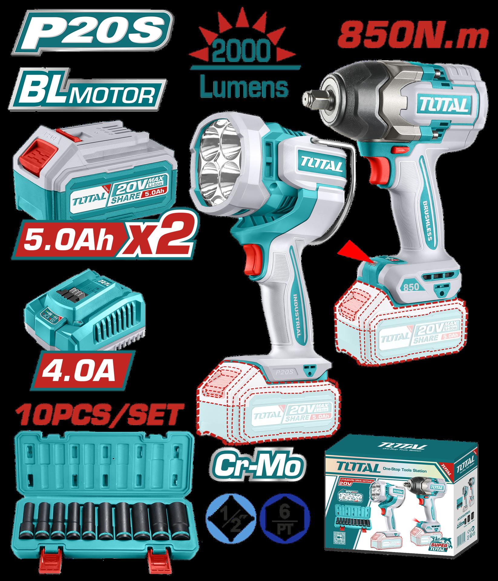 COMBO INALAMBRICO 20V PISTOLA IMPACTO INALAMBRICA 1/2 850 NM + LAMPARA DE TRABAJO INALAMBRICA 2000 LUMENES + JUEGO DE COPA ( 10-24MM) INCLUYE 2 BATERIAS 5.0 AH, CARGADOR Y SUPER TOTAL ( UTOSLI241181)