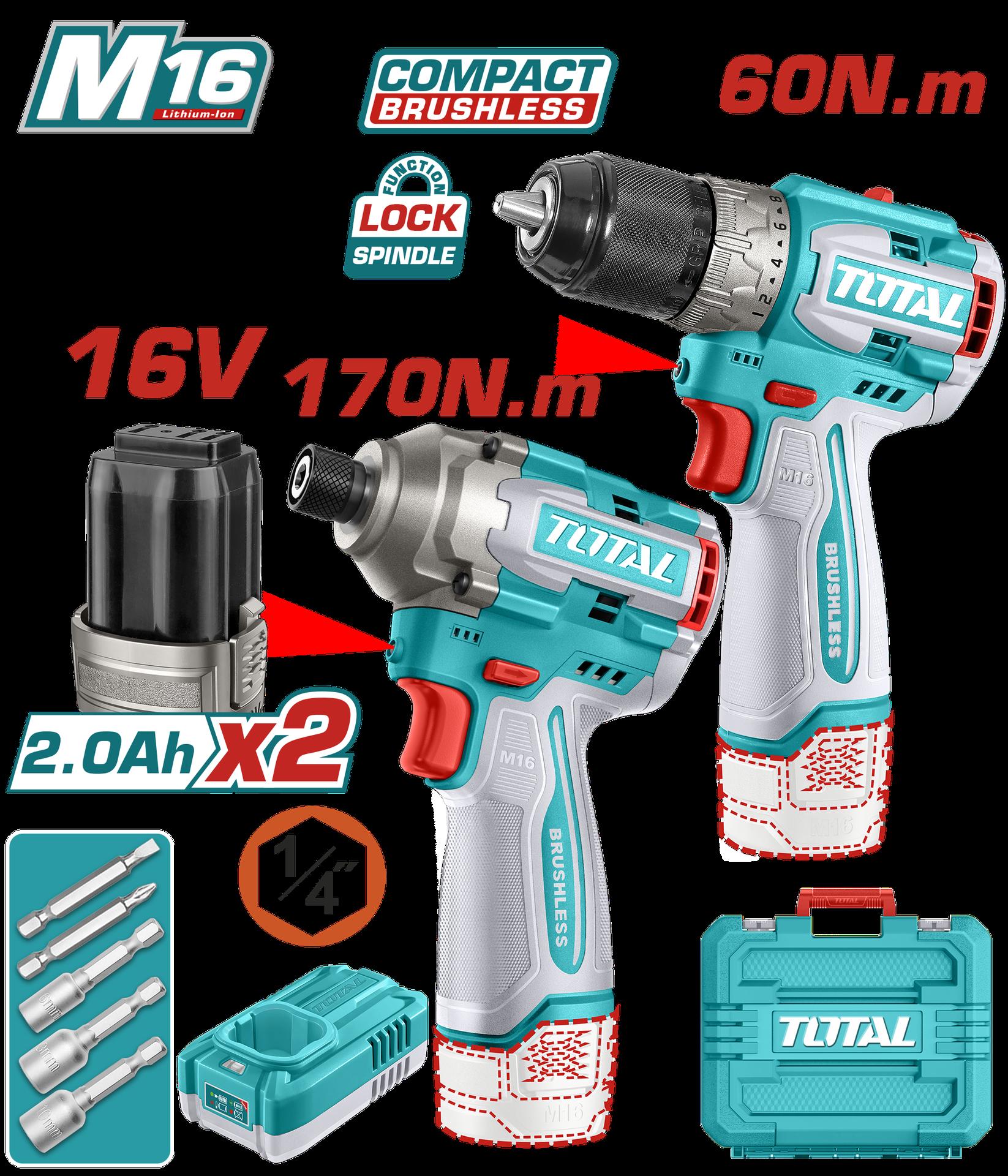 COMBO INALAMBRICO 16V TALADRO 1/2" 60NM + PISTOLA IMPACTO 170NM INCLUYE 2 BATERIAS, 1 CARGADOR COPA TORNILLO INDUSTRIAL SUPER TOTAL (UTOSLI240968)