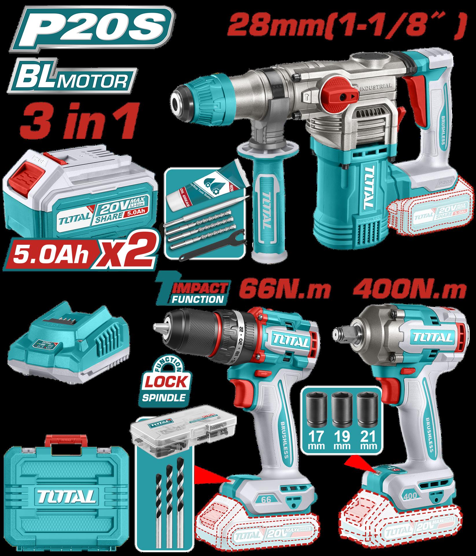 COMBO INALAMBRICO 20V TALADRO ATORNILLADOR 1/2" 66 N.M + PISTOLA DE IMPACTO 1/2" 400 N.M + TALADRO ROTOMARTILLO SDS PLUS 4.5 JULES INCLUYE 2 BATERIA 5.0AH , 1 CARGADOR Y ACCESORIOS INDUSTRIAL SUPER TOTAL (UTCKLI20638)