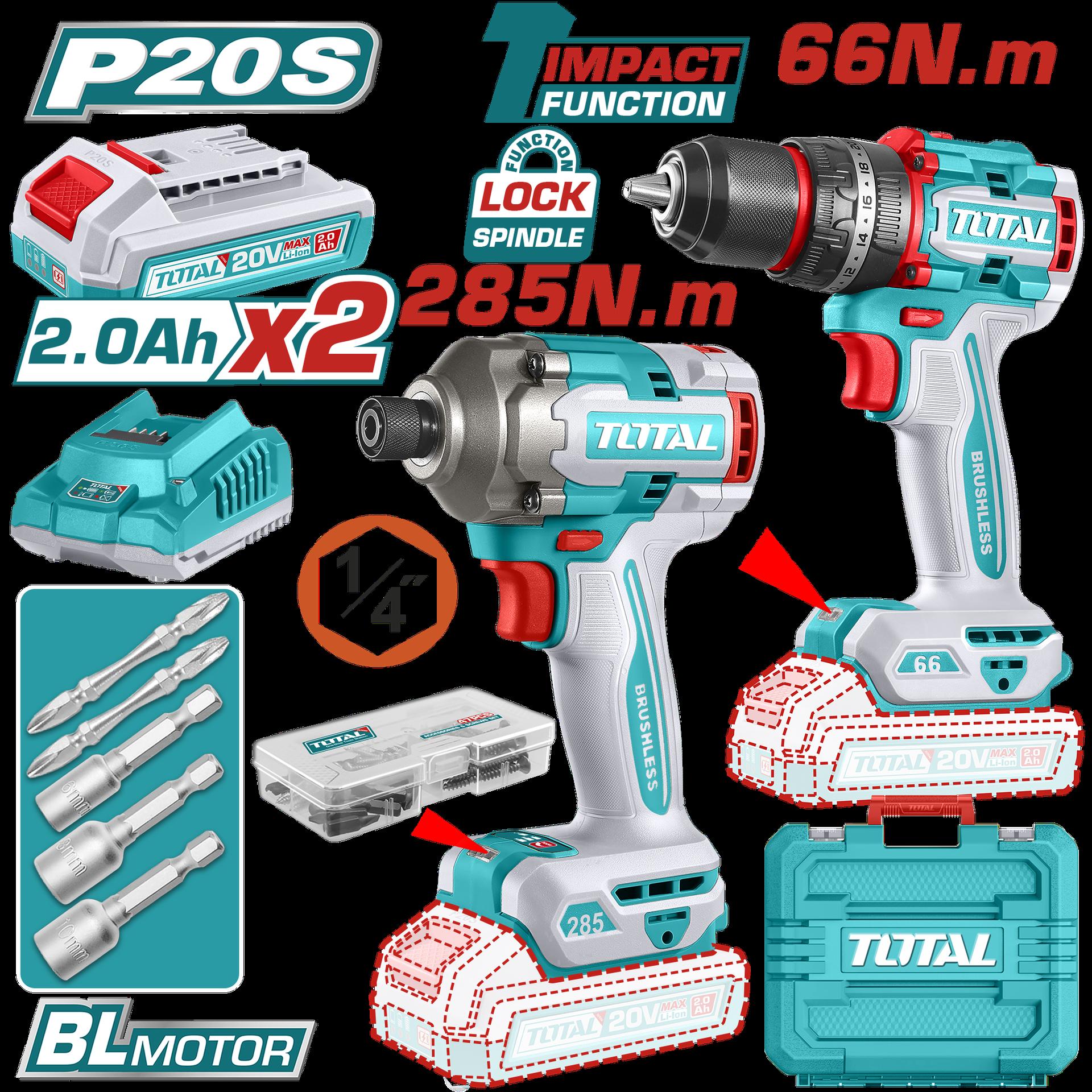 COMBO INALAMBRICO TALADRO 1/2" 66 N.M + ATORNILLADOR DE IMPACTO 1/4" 20V 285 N.M INCLUYE 2 BATERIA 2.0AH , 1 CARGADOR Y ACCESORIOS INDUSTRIAL SUPER TOTAL (UTCKLI20277)