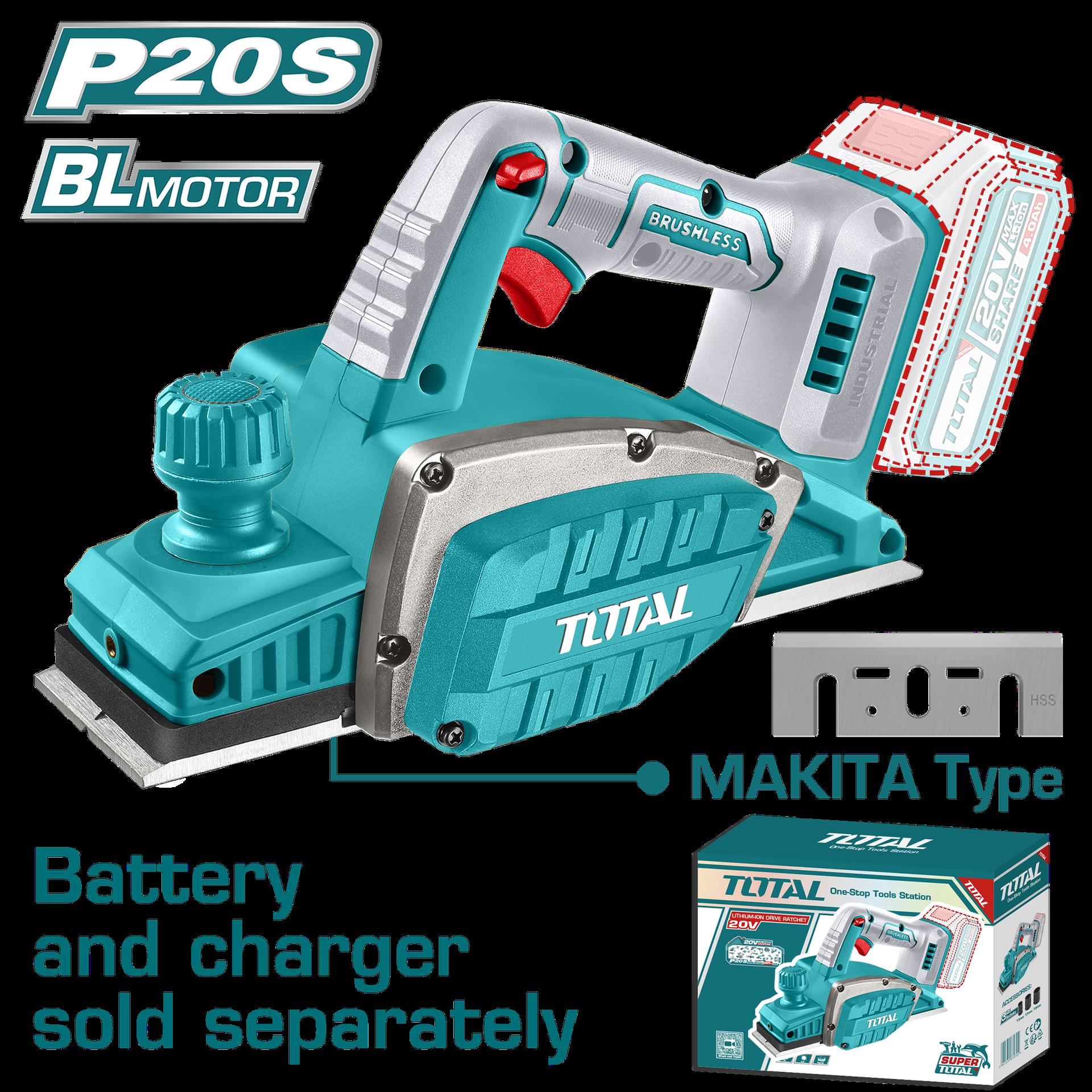CEPILLO INALAMBRICO PARA MADERA 20V INCLUYE GUIA Y LLAVE, BATERIA Y CARGADOR NO INCLUIDO INDUSTRIAL SUPER TOTAL (TRLI20401)