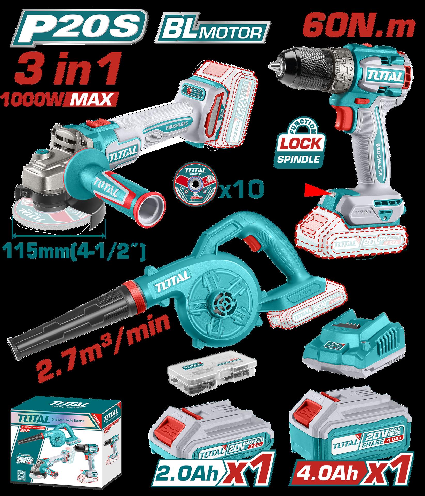 COMBO INALAMBRICO 20V PULIDORA INALAMBRICA 4 1/2 1000W + TALADRO INALAMBRICO 1/2 60N.M + SOPLADORA