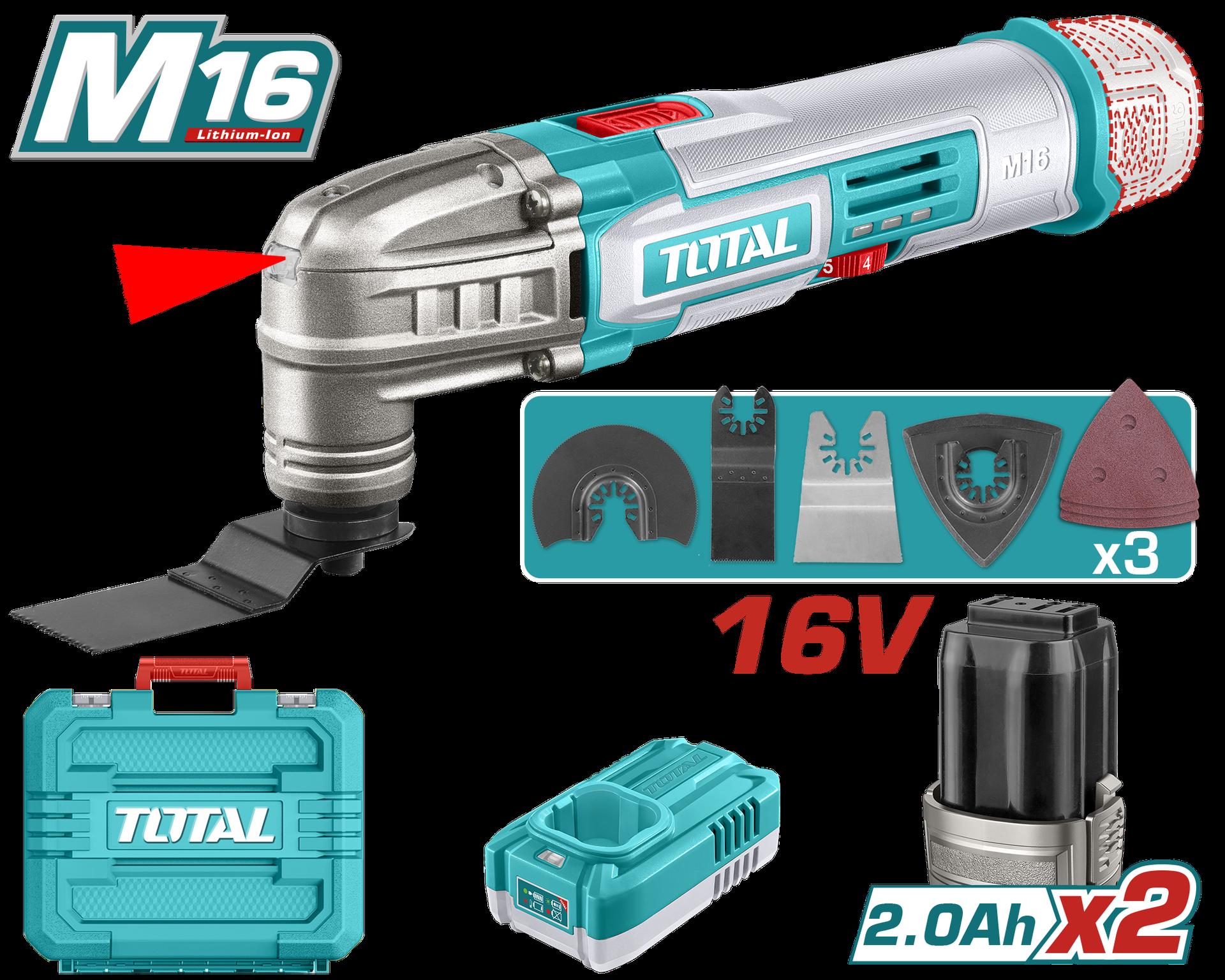 MULTIHERRAMIENTA INALAMBRICA OSCILANTE 16V + 2 BATERIAS 2.0 AH + CARGADOR Y ACCESORIOS INDUSTRIAL SUPER TOTAL