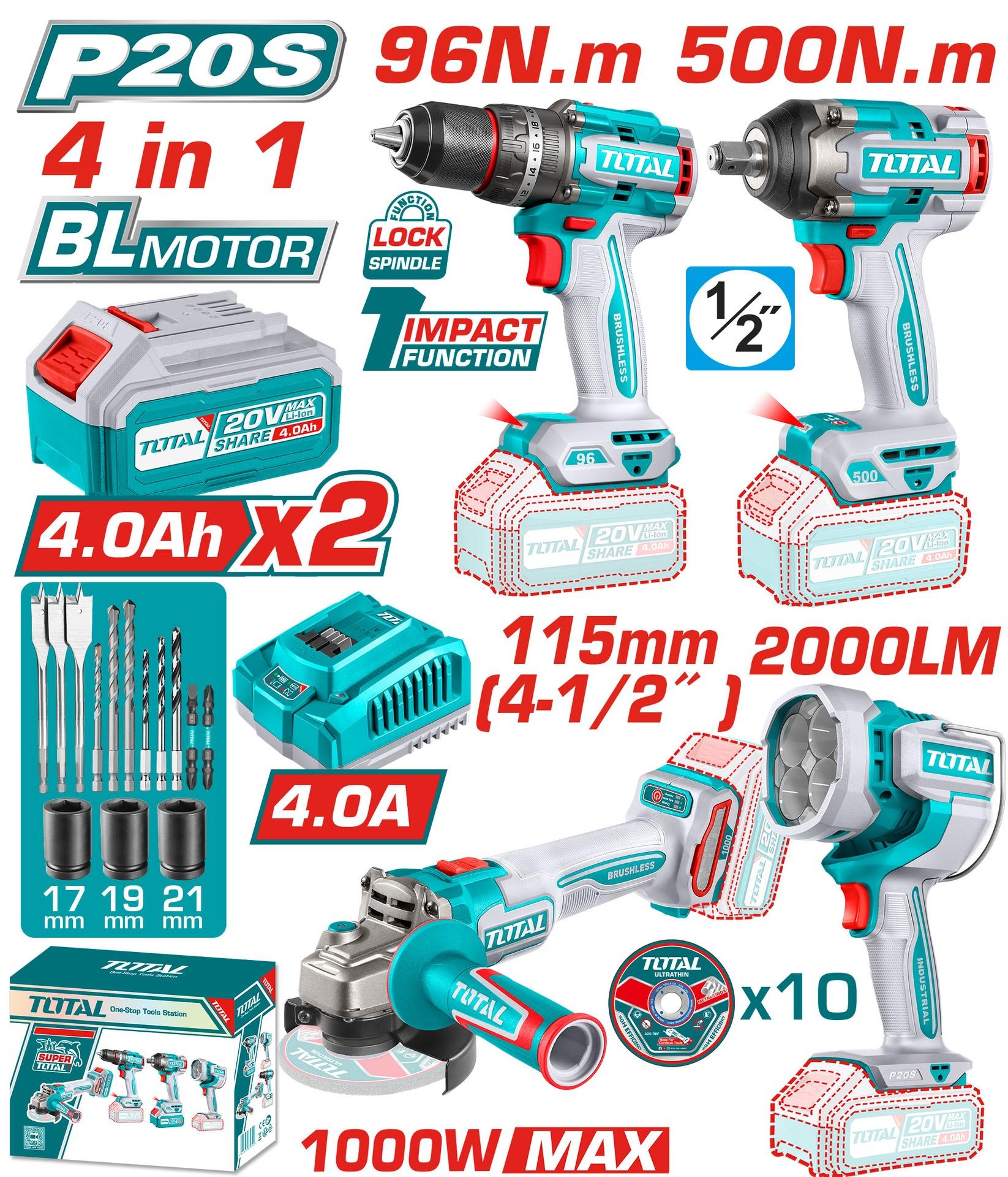 COMBO INALAMBRICO 20V TALADRO 1/2 96 N.M + PISTOLA IMPACTO 1/2 500 N.M + PULIDORA 4 1/2 1000W + LAMPARA DE TRABAJO 2000