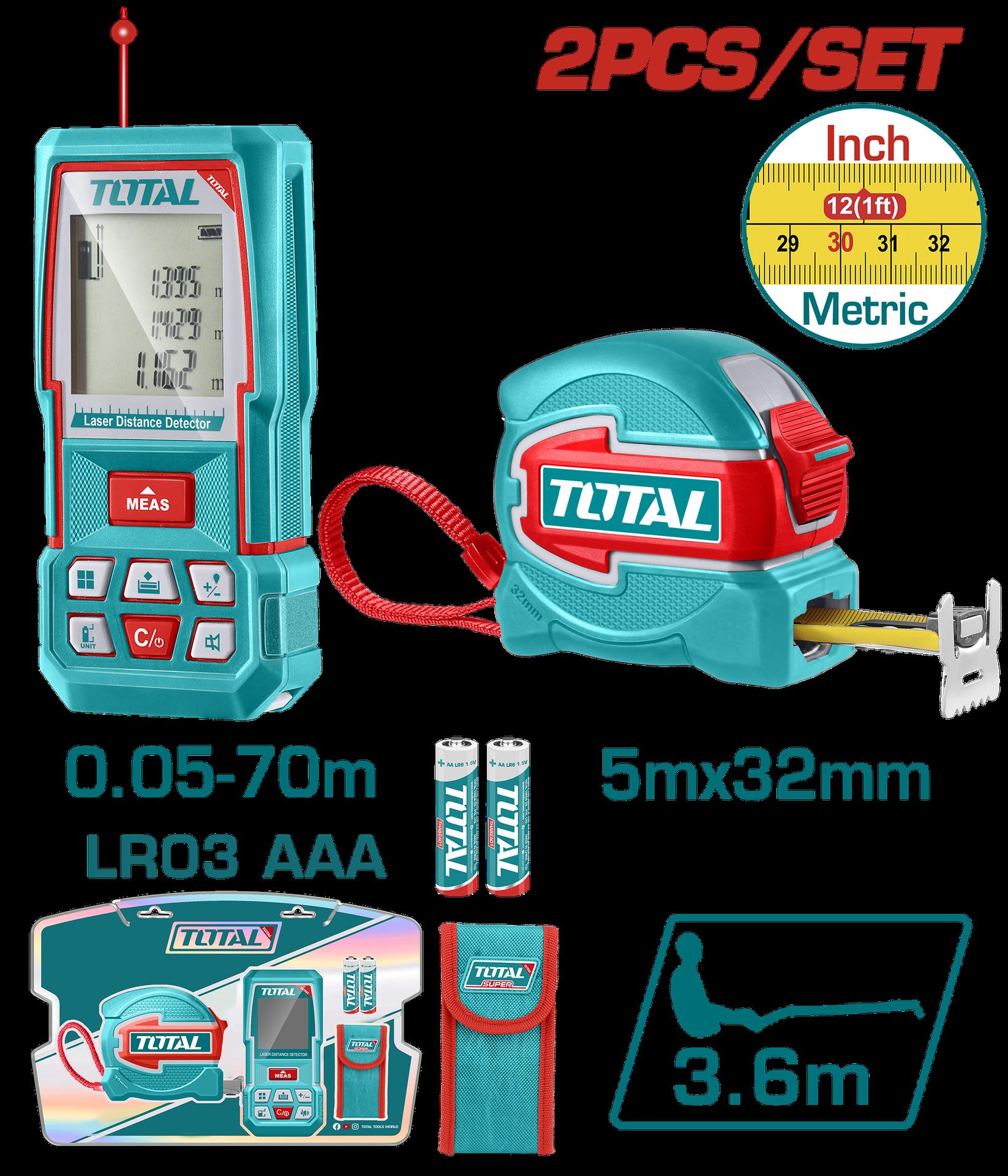 KIT DE MEDIDOR DE DISTANCIAS LASER 60MTS + METRO 5 MTS HOJA 32MM INDUSTRIAL SUPER TOTAL (TLDD241201)