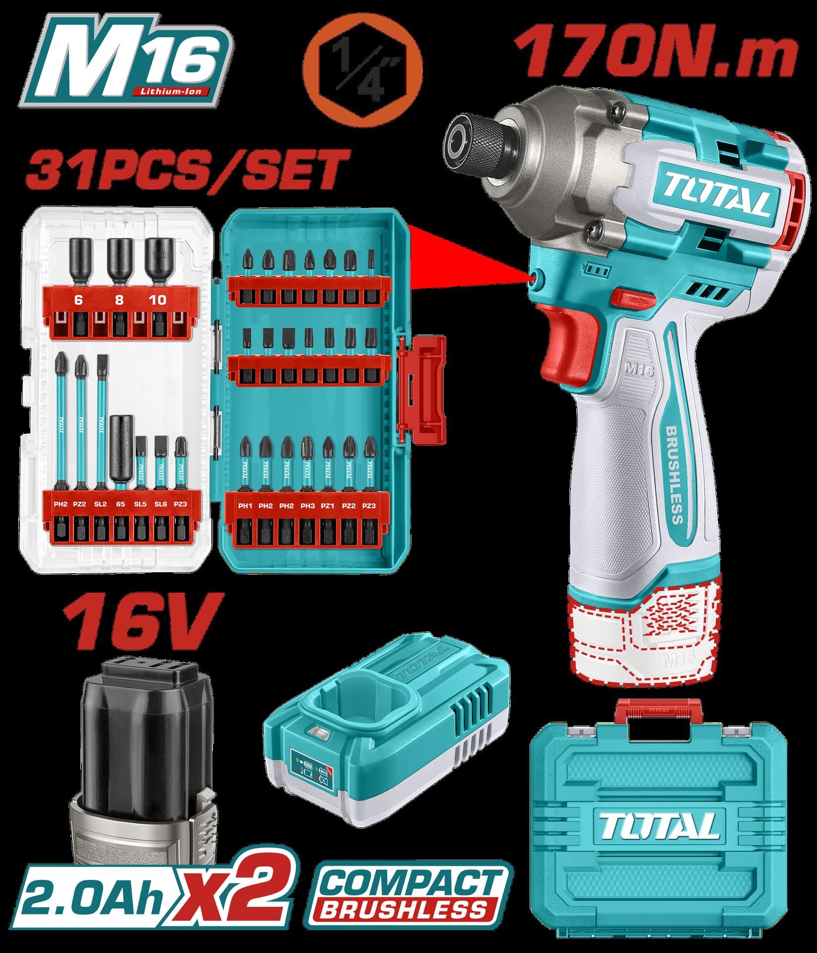 ATORNILLADOR DE IMPACTO INALAMBRICO 1/4 170NM 16V + 31 ACCESORIOS INCLUYE 2 BATERIAS (2.0AH) Y CARGADOR INDUSTRIAL