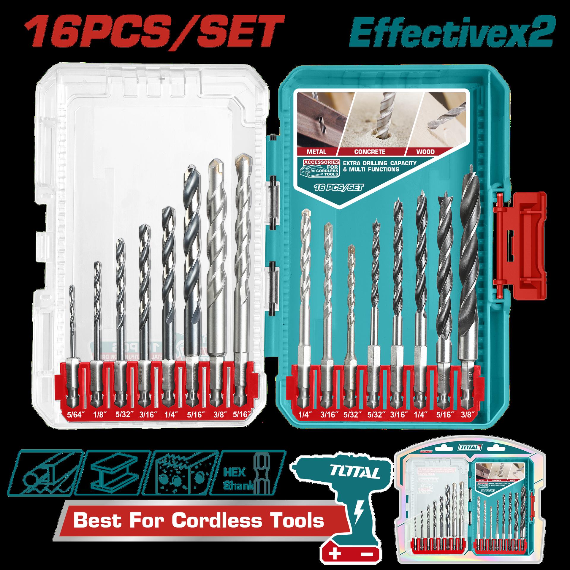 JUEGO DE BROCAS X 16 PZS PARA MURO, MADERA Y LAMINA CON VASTAGO EXAGONAL INDUSTRIAL TOTAL (UTACSDL11608)
