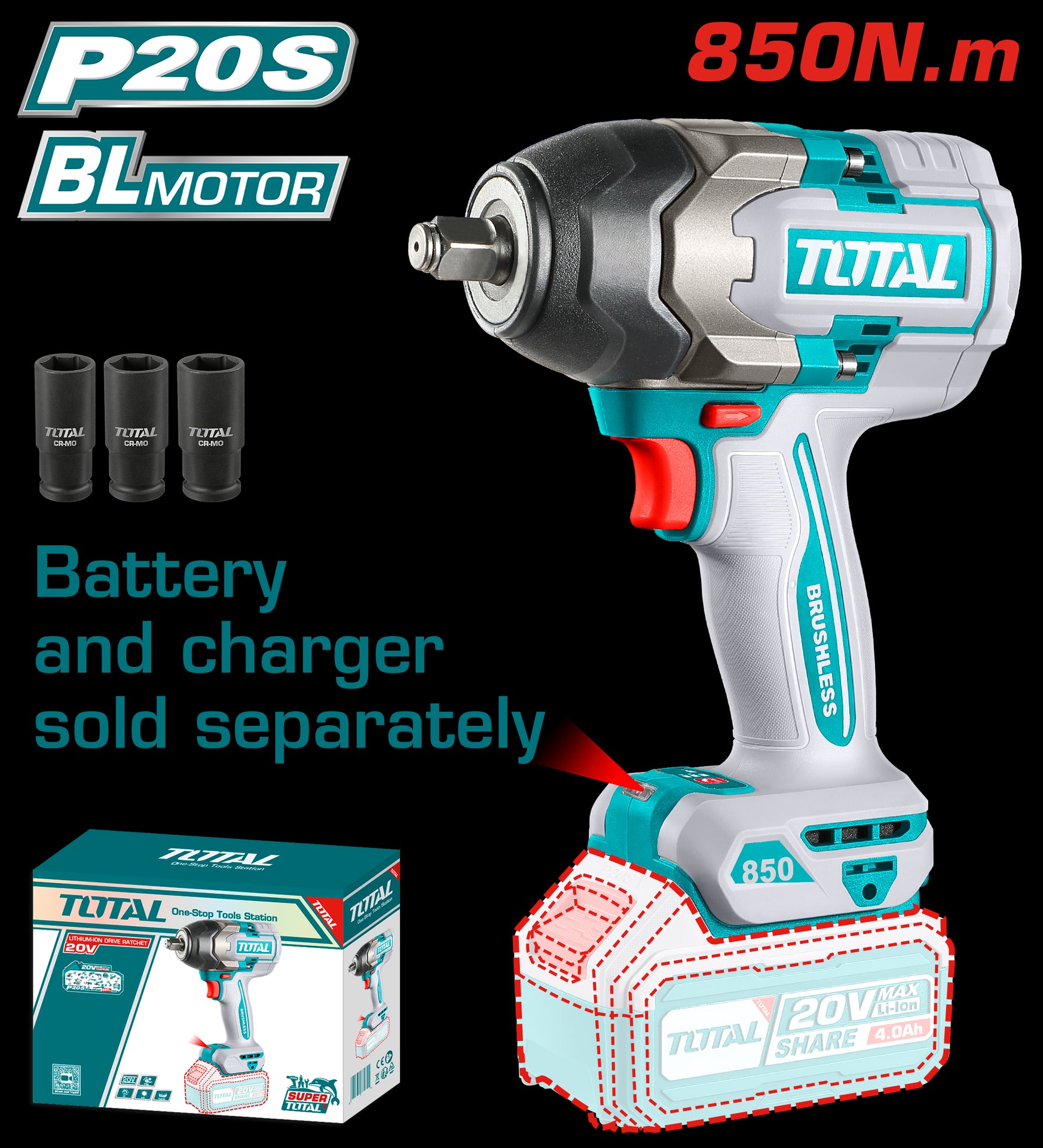 PISTOLA IMPACTO INALAMBRICO 1/2 20V 850 N.M BATERIA Y CARGADOR SE VENDEN POR SEPARADO SUPER TOTAL (TIWLI20851)