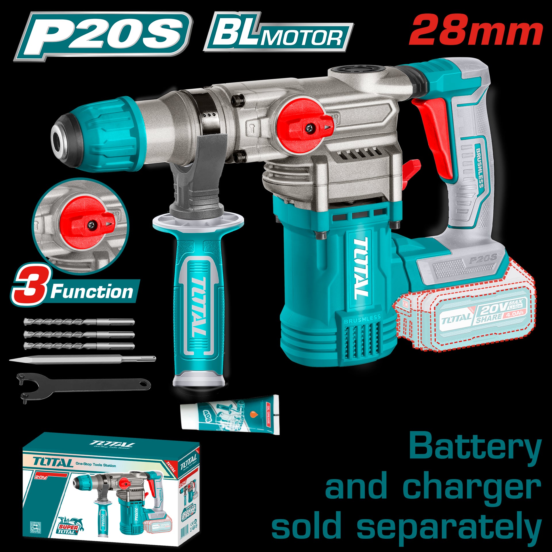 TALADRO ROTOMARTILLO SDS PLUS 4.5 JULES INCLYE ACCESORIOS CARGADOR Y BATERIA NO INCLUIDO INDUSTRIAL TOTAL (TRHLI20288)