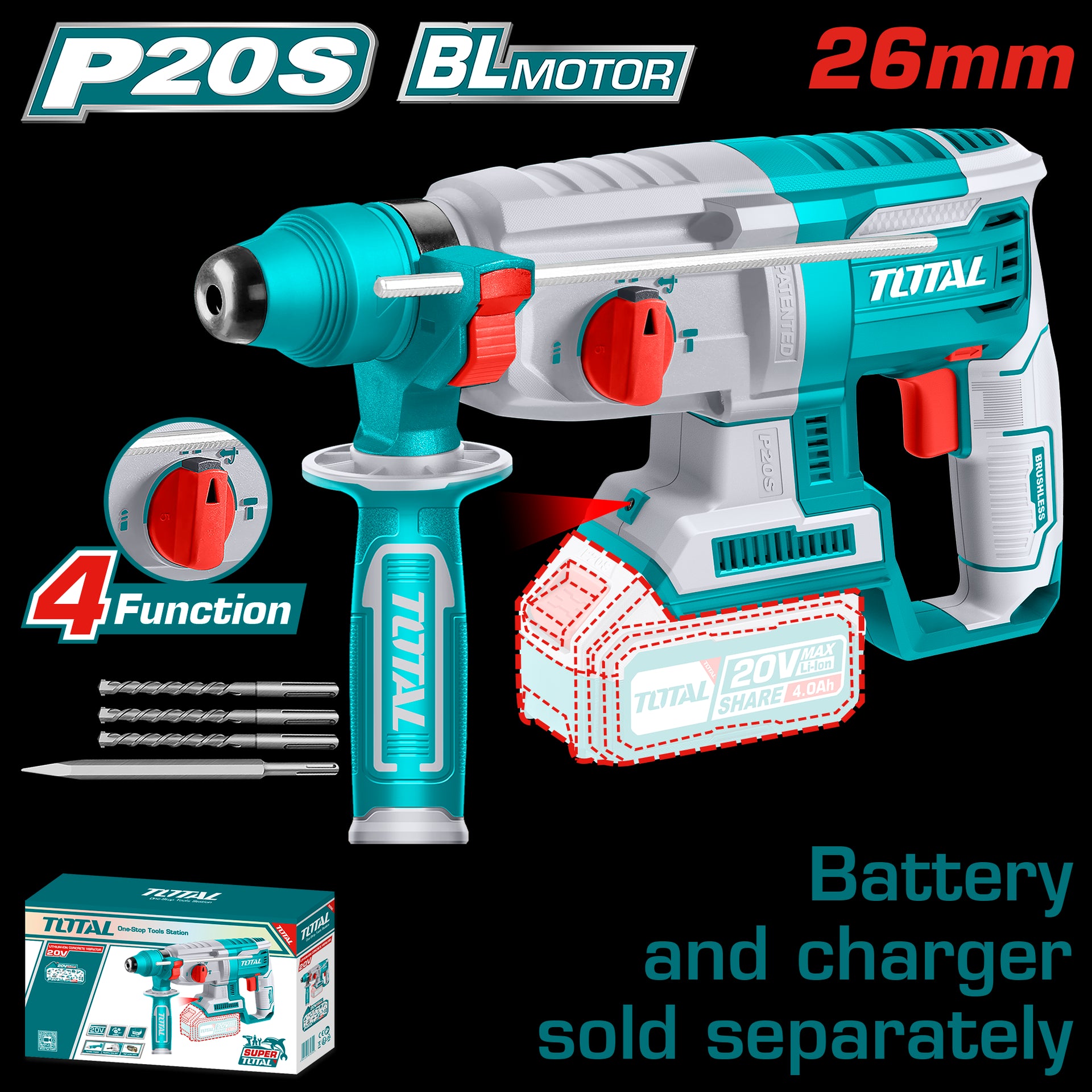 TALADRO ROTOMARTILLO 20V SDS PLUS 2,5 JULES INCLUYE 3 BROCAS Y 1 CINCEL CARGADOR Y BATERIA NO INCLUIDO SUPER TOTAL (TRHLI20228)