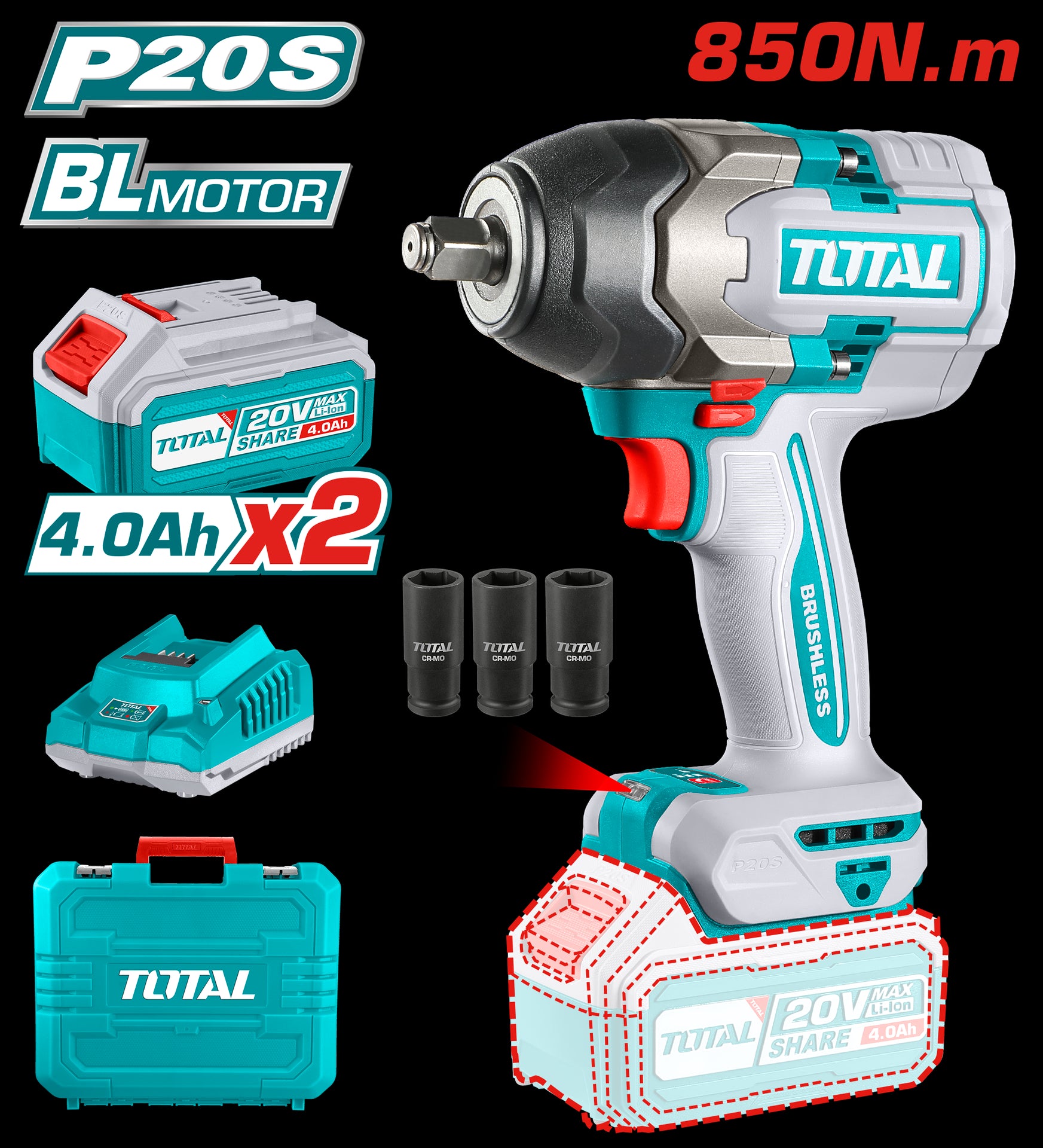 PISTOLA IMPACTO INALAMBRICA 1/2" 20V 850 N.M INCLUYE 2 BATERIAS 1 CARGADOR INDUSTRIAL SUPER TOTAL (UTIWLI2085)