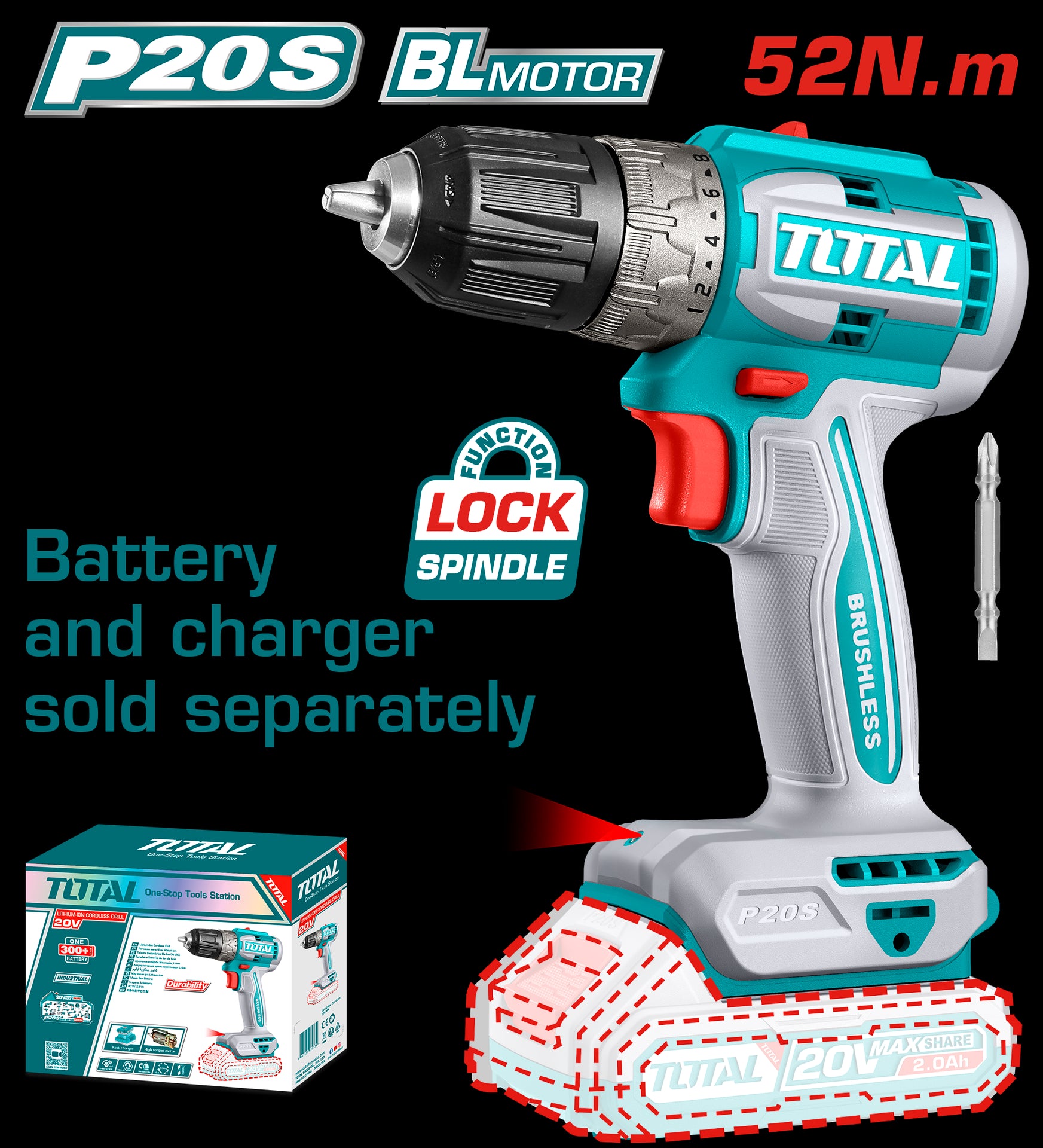 TALADRO INALAMBRICO 3/8" 20V 52 N.M CARGADOR Y BATERIA NO INCLUIDO SUPER TOTAL (TDLI204531)