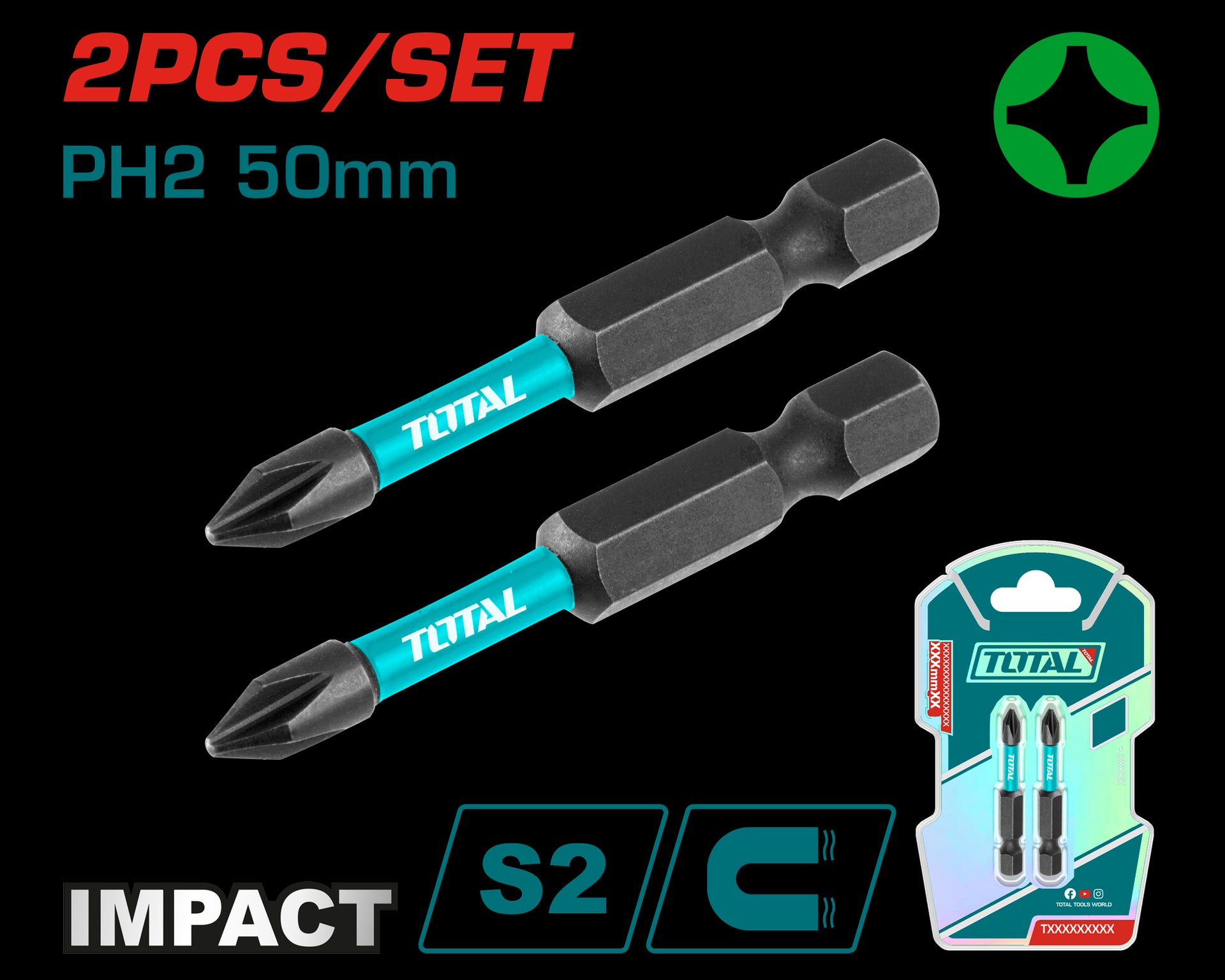 PUNTAS TALADRO IMANTADA 50MM (+) (+) JUEGO X 2 PZS INDUSTRIAL SUPER TOTAL (TACIM71PH250)