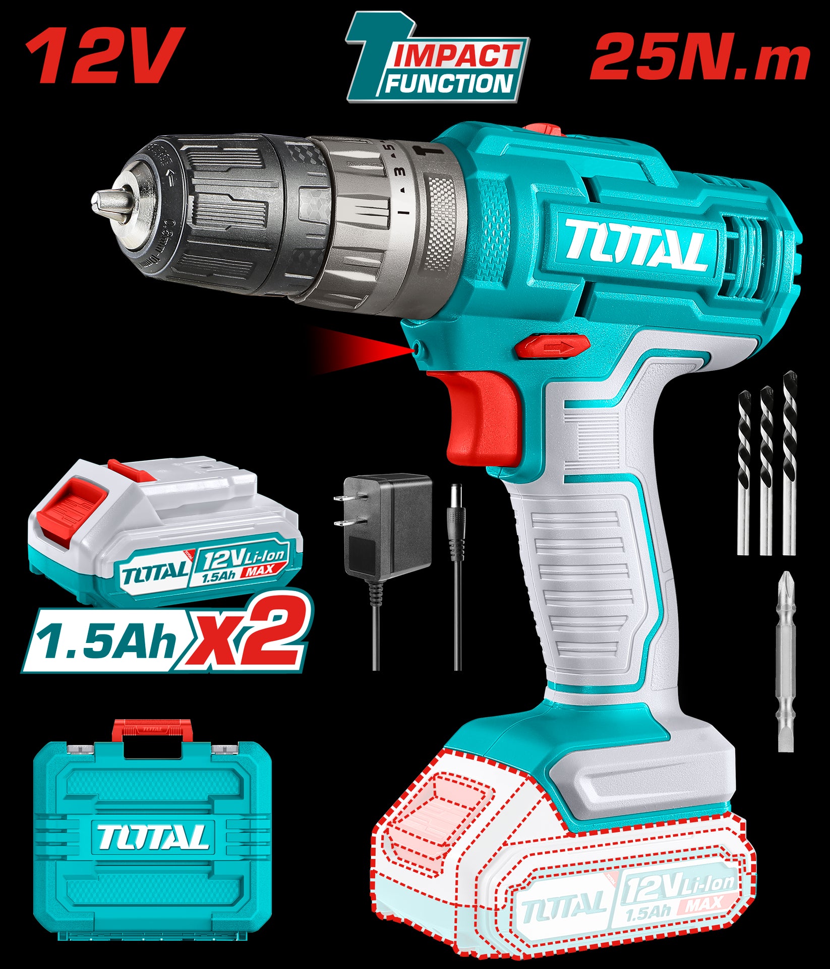 TALADRO DE IMPACTO INALAMBRICO 3/8" 12V INCLUYE 2 BATERIAS, 1 CARGADOR, 3 BROCAS Y 1 PUNTA TALADRO (+)(-) SUPER TOTAL (UTIDLI1228)