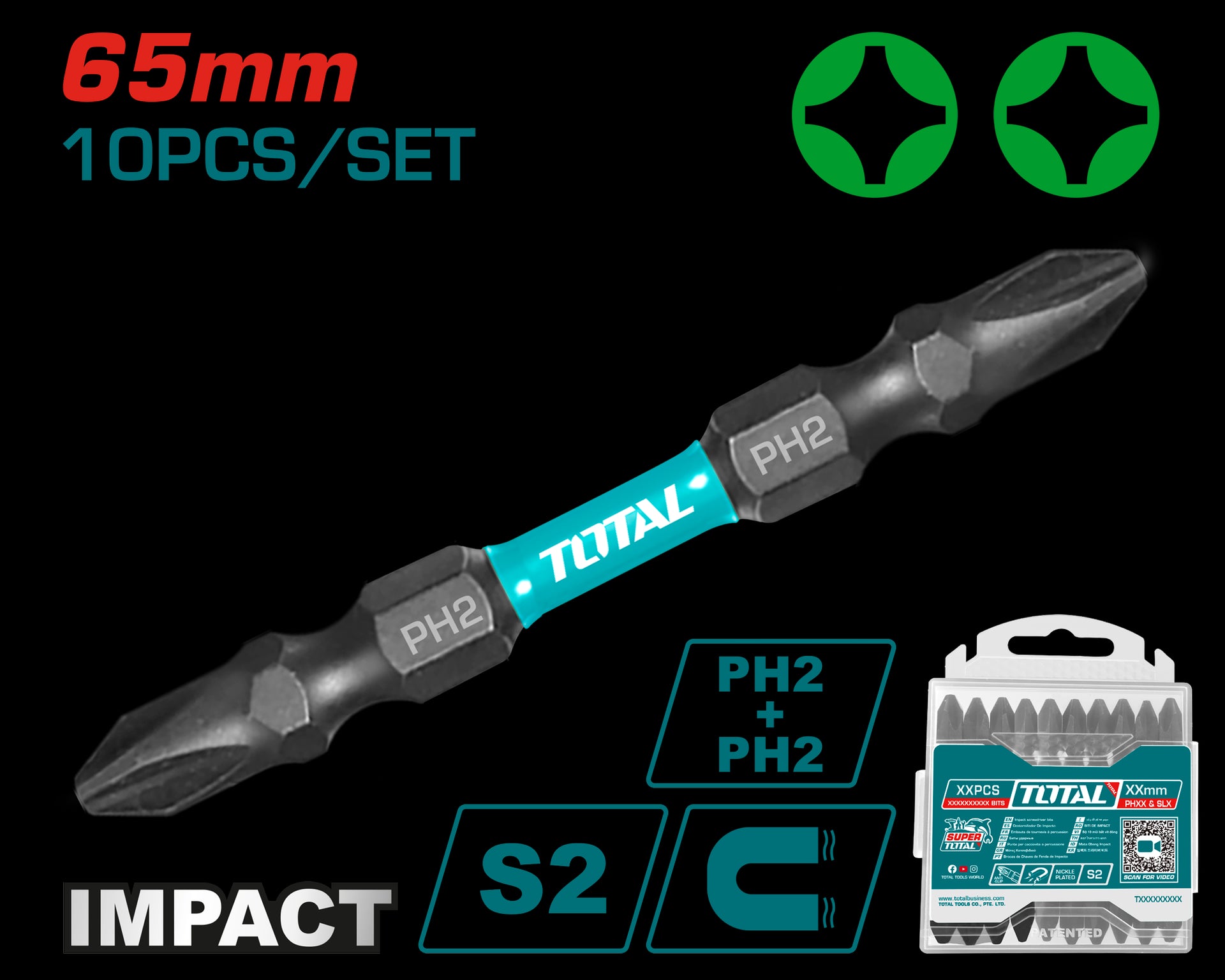 PUNTAS TALADRO INDUSTRIAL DOBLE PUNTA IMANTADA 65MM (+) (+) JUEGO X 10 PZS INDUSTRIAL SUPER TOTAL (TACIM16PH233)