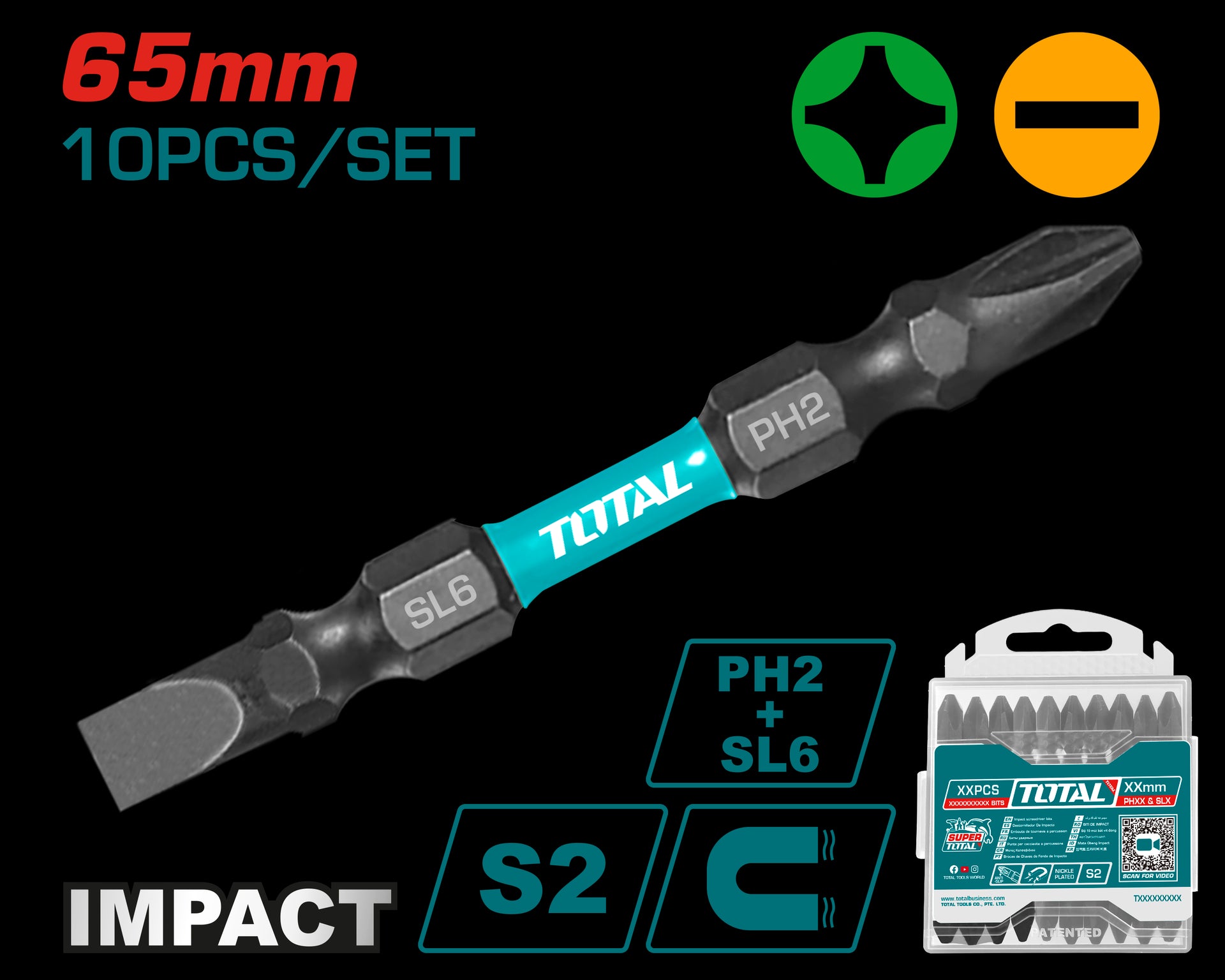 PUNTAS TALADRO INDUSTRIAL DOBLE PUNTA IMANTADA 65MM (+) (-) JUEGO X 10 PZS INDUSTRIAL SUPER TOTAL (TACIM16HL133)