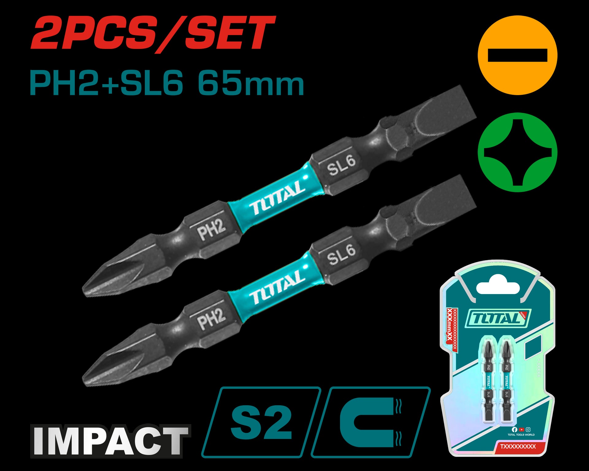 PUNTAS TALADRO INDUSTRIAL DOBLE PUNTA IMANTADA 65MM (+) (-) JUEGO X 2 PZS INDUSTRIAL SUPER TOTAL (TACIM72HL665)