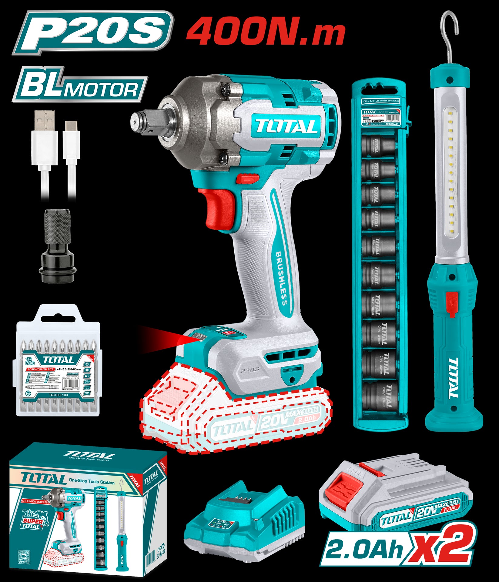 PISTOLA IMPACTO INALAMBRICA 1/2 20V 400 NM INCLUYE 2 BATERIAS 1 CARGADOR 1 LAMPARA DE TRABAJO 1 ADAPTADOR , COPAS Y 10 PUNTAS TALADRO SUPER TOTAL (UTOSLI23048)