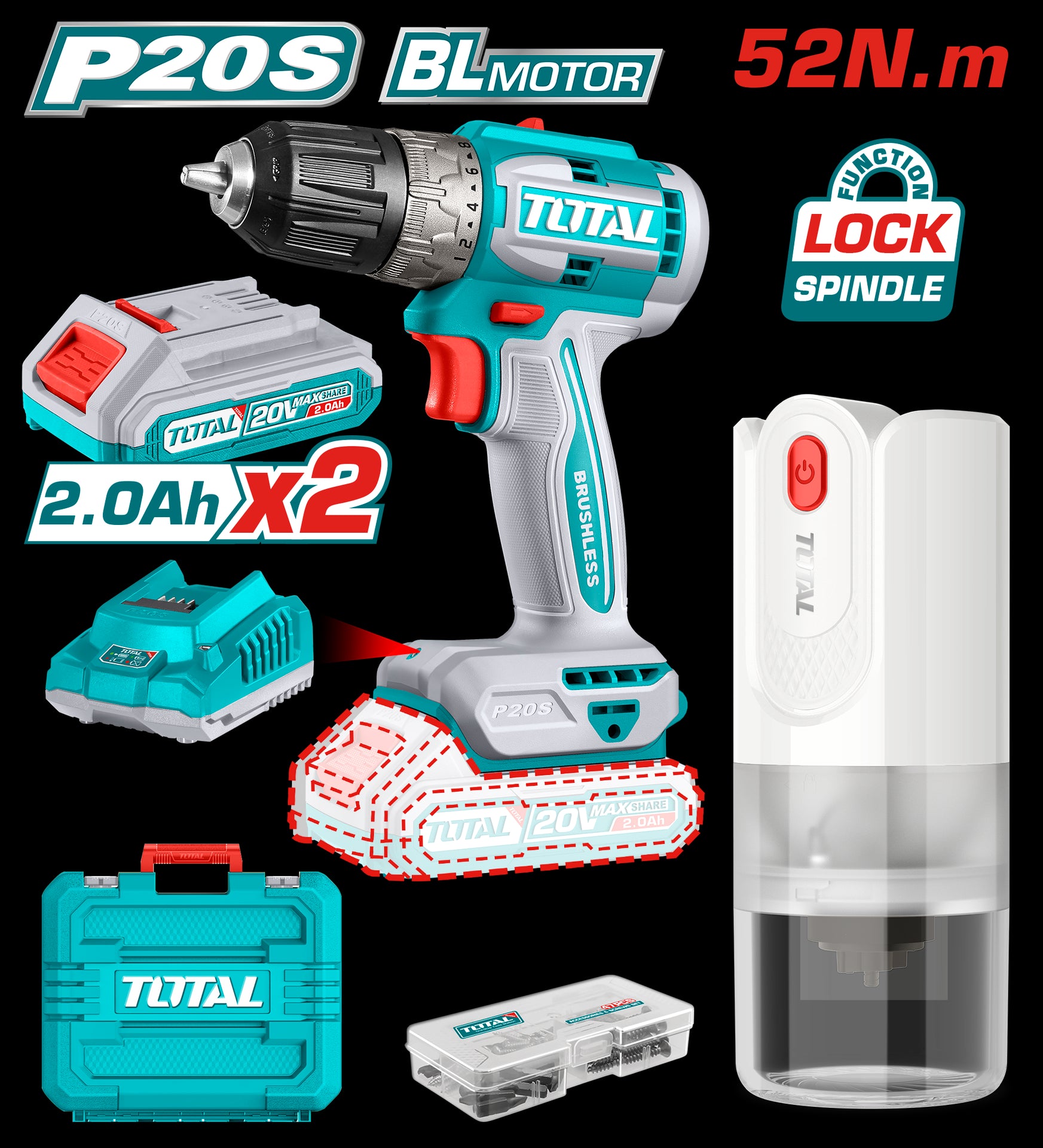 TALADRO ATORNILLADOR INALAMBRICO 3/8 20V INCLUYE 2 BATERIA DE 2.0AH, CARGADOR,47 ACCESORIOS + MOLEDOR DE CAFÉ TOTAL