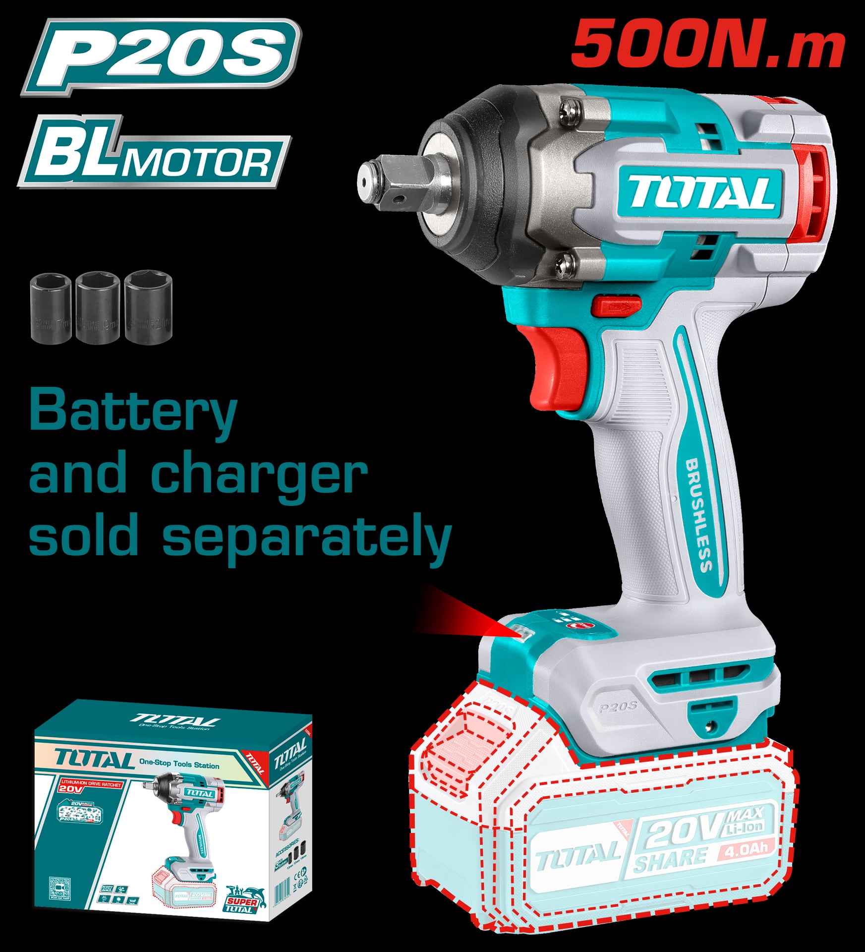 PISTOLA IMPACTO INALAMBRICO 1/2 20V 500 N.M BATERIA Y CARGADOR SE VENDEN POR SEPARADO SUPER TOTAL (TIWLI20501)