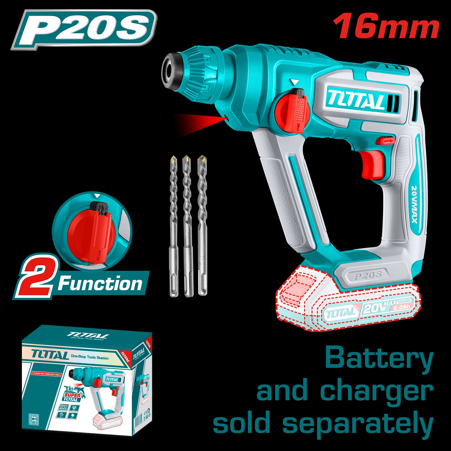 TALADRO INALAMBRICO ROTOMARTILLO SDS PLUS 5/8 BATERIA Y CARGADOR NO INCLUIDO SUPER TOTAL (TRHLI20168)