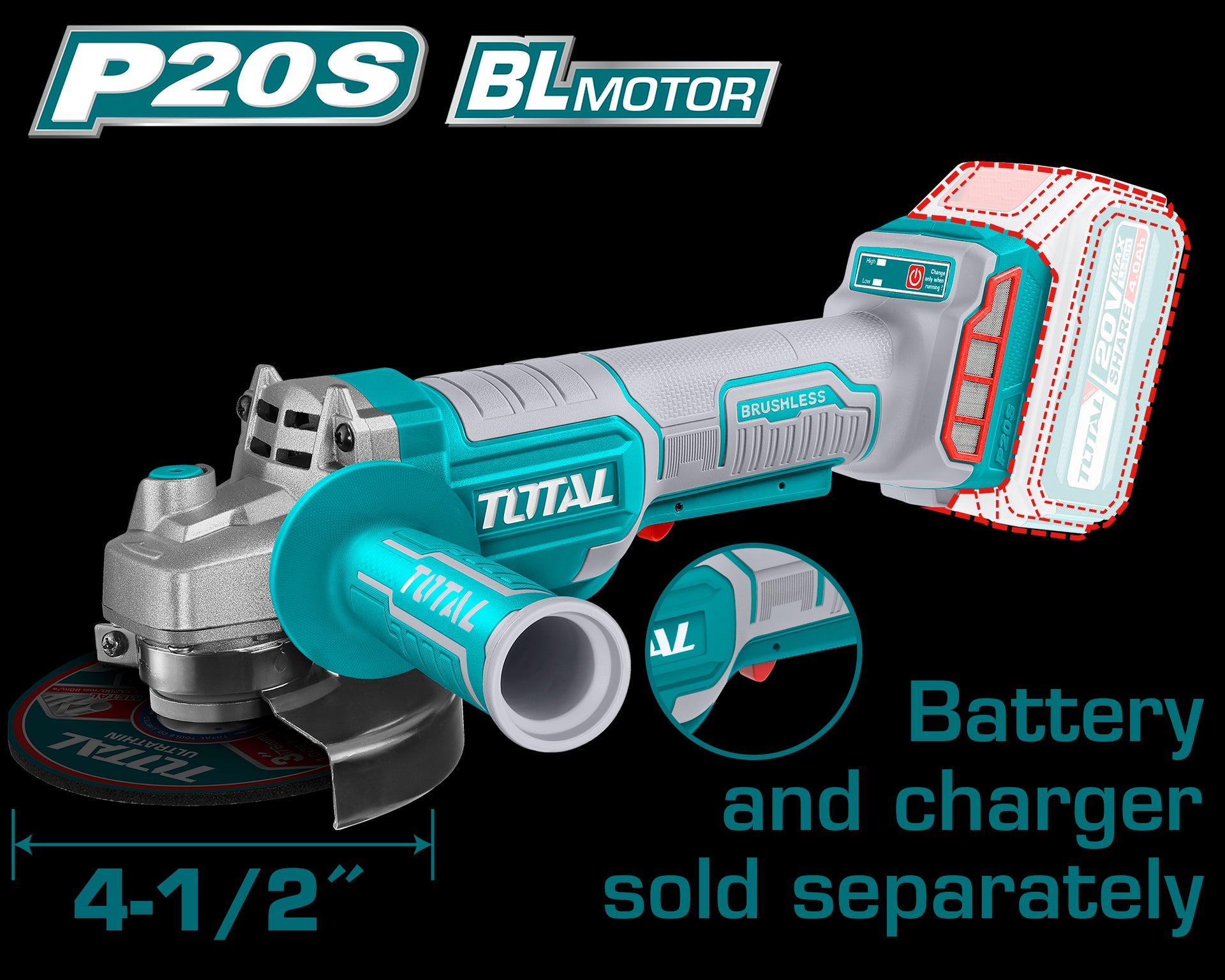 PULIDORA INALAMBRICA 4 1/2 SUPER SELECT 20V BATERIA Y CARGADOR NO INCLUIDO TOTAL (UTAGLI211156)