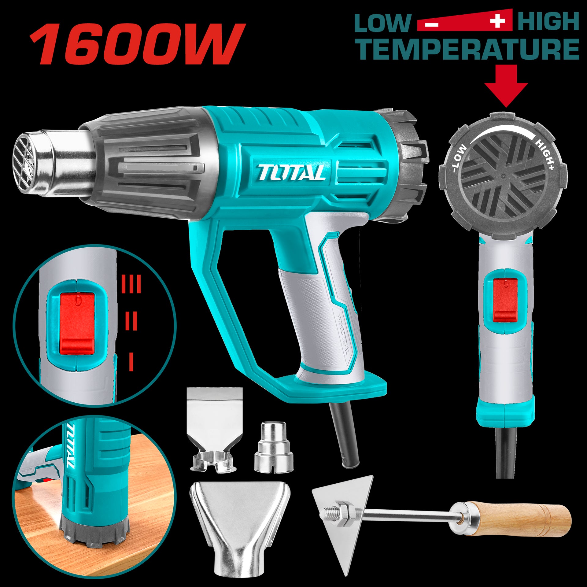 PISTOLA CALOR CON TEMPERATURA AJUSTABLE 1600W INCLUYE 3 BOQUILLAS Y 1 RASCADOR INDUSTRIAL TOTAL (UTB16045)