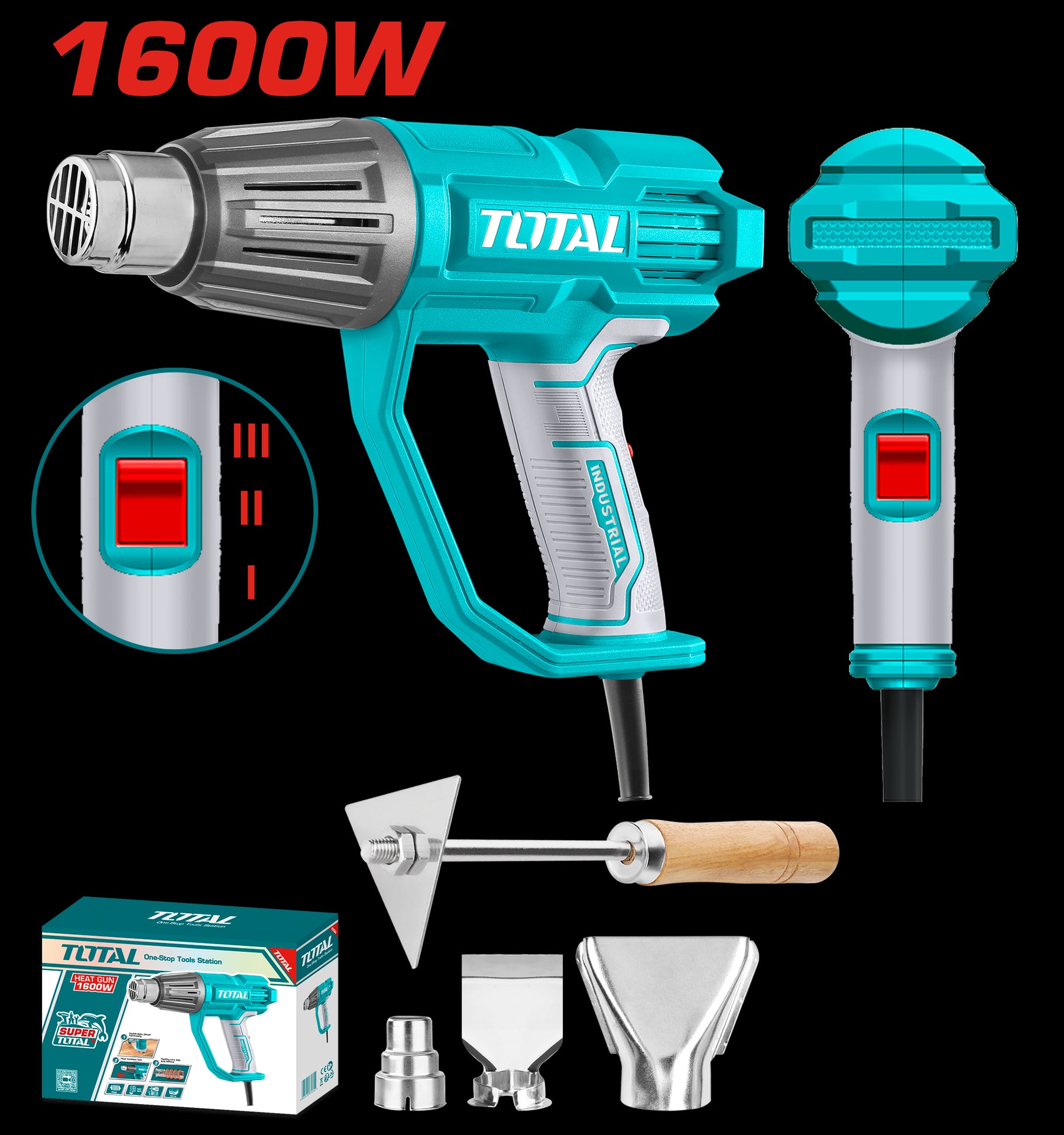 PISTOLA CALOR 1600W INCLUYE 3 BOQUILLAS Y 1 RASCADOR INDUSTRIAL TOTAL (UTB16078)