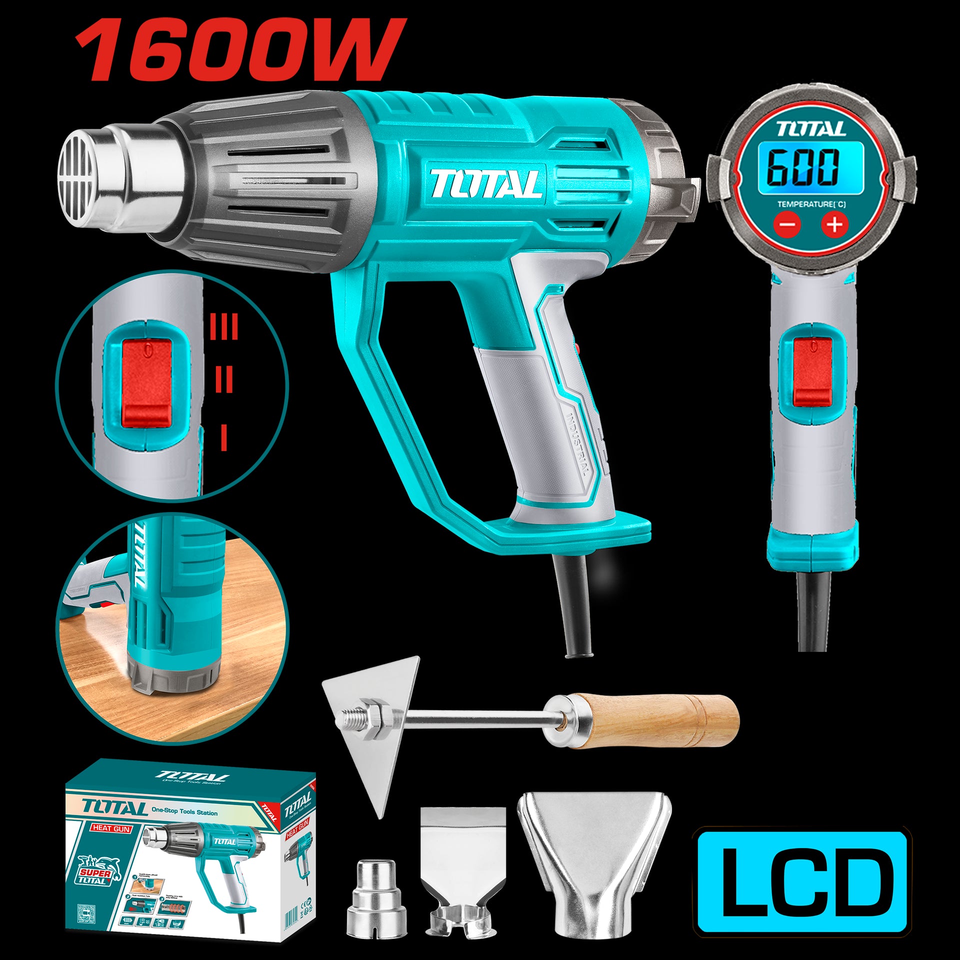 PISTOLA CALOR CON TEMPERATURA AJUSTABLE PANTALLA LCD 1600W INCLUYE 3 BOQUILLAS Y 1 RASCADOR INDUSTRIAL TOTAL (UTB16056)