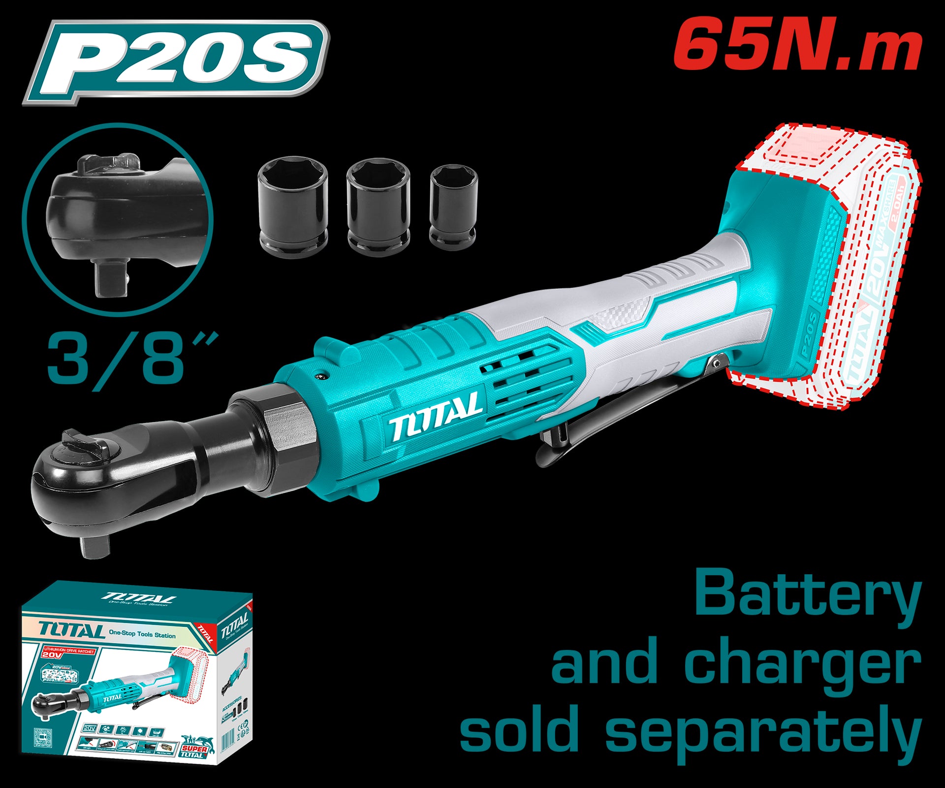 RACHE INALAMBRICO 3/8 20V INCLUYE COPA 13 17 19 BATERIA Y CARGADOR NO INCLUIDO SUPER TOTAL (TDRLI2060151)