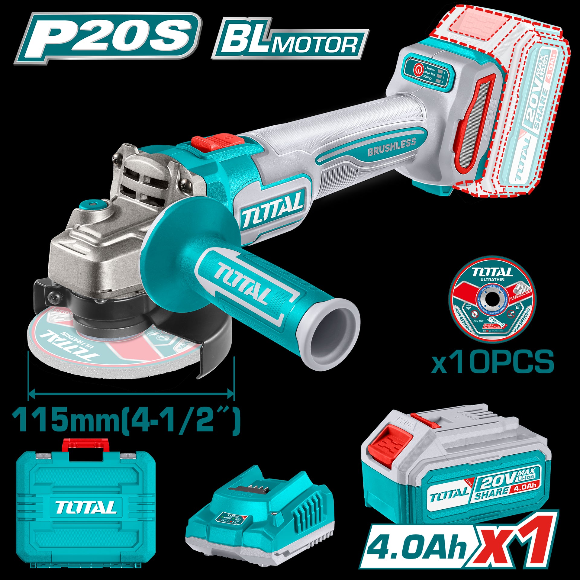 PULIDORA INALAMBRICA 4 1/2 INDUSTRIAL 20V 900W INCLUYE 10 DISCOS PARA CORTE DE METAL 1 BATERIA Y CARGADOR INDUSTRIAL, MOTOR SIN ESCOBILLAS TOTAL (UTAGLI211541)