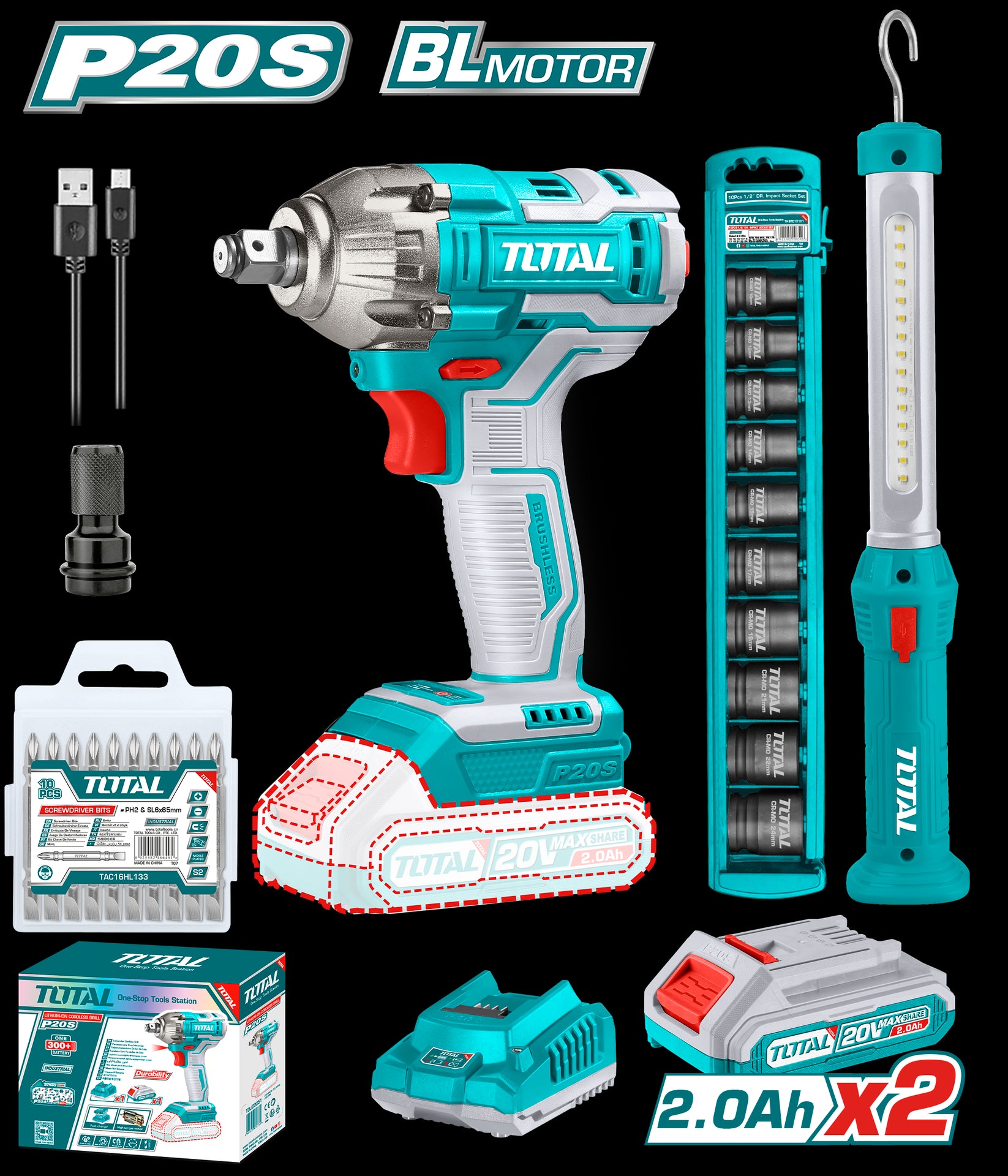 PISTOLA IMPACTO INALAMBRICA 1/2 20V 300 NM INCLUYE 2 BATERIAS 1 CARGADOR 1 LAMPARA DE TRABAJO 1 ADAPTADOR Y 10
