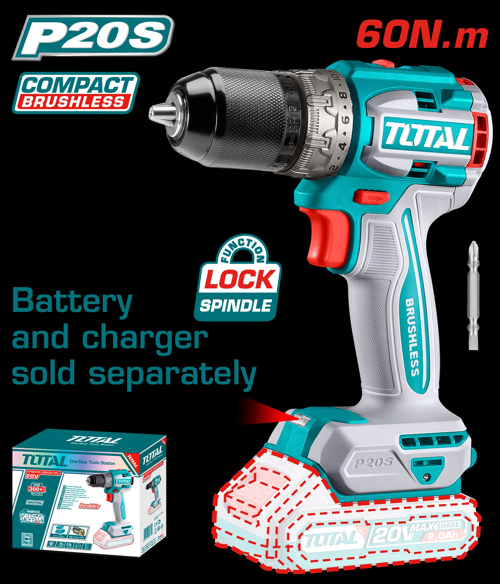 TALADRO INALAMBRICO 1/2 20V CARGADOR Y BATERIA NO INCLUIDO SUPER TOTAL (TDLI206021)