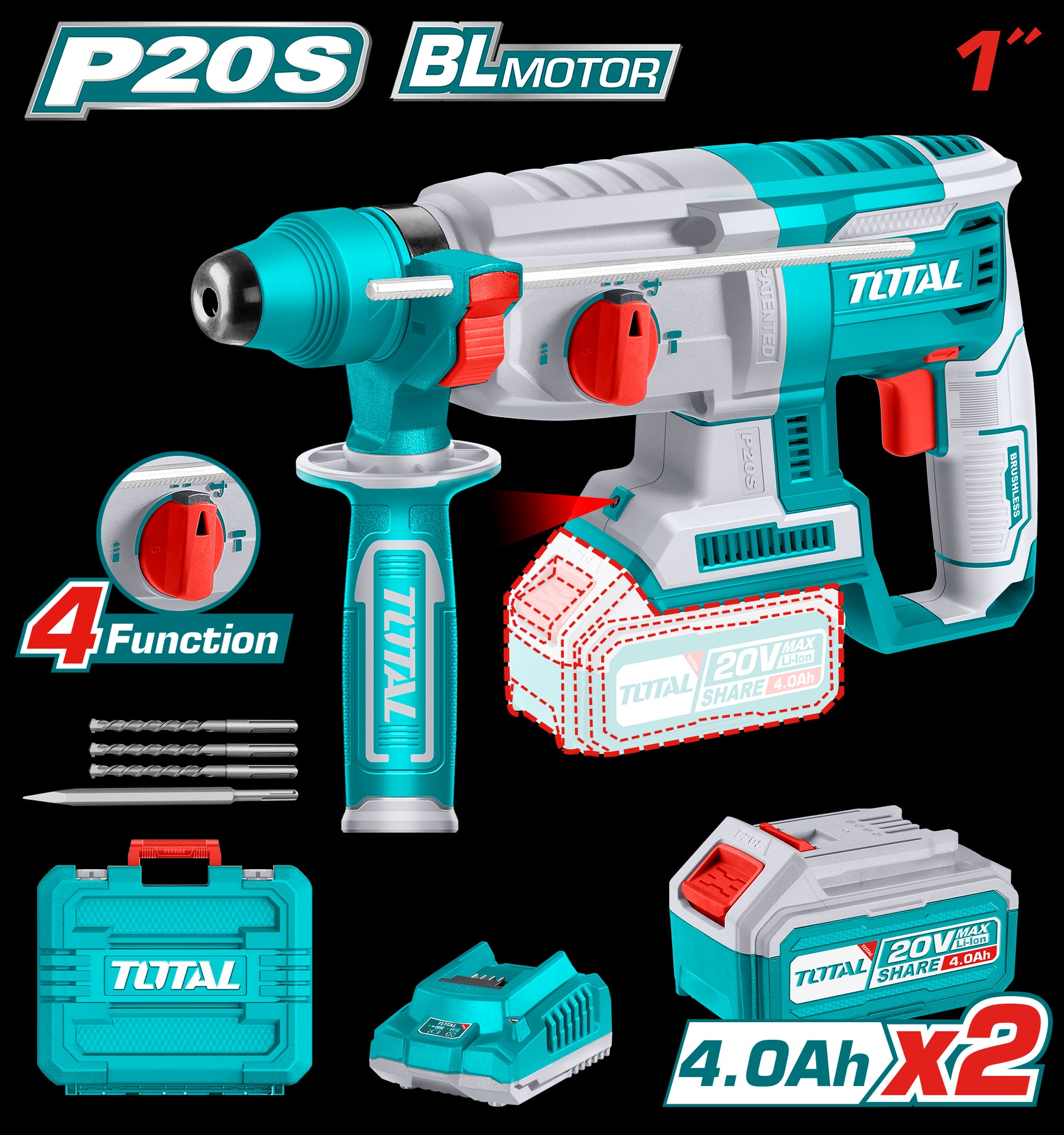 TALADRO ROTOMARTILLO 20V SDS PLUS 2,5 JULES INCLUYE 2 BATERIAS Y 1 CARGADOR SUPER TOTAL (UTRHLI202287)