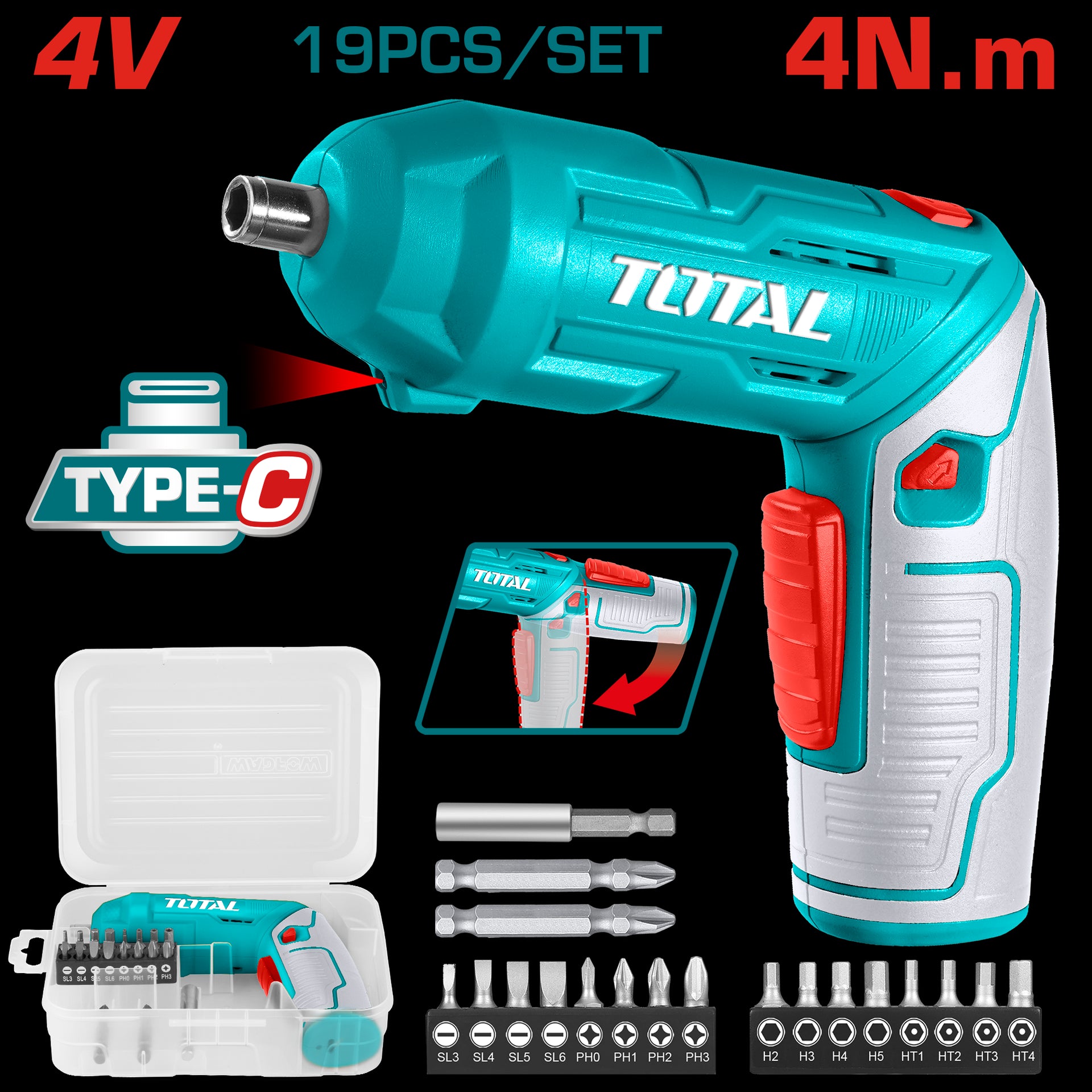 ATORNILLADOR INALAMBRICO 4V ESTUCHE PLASTICO + 16 PUNTAS TALADRO DE 25MM, 2 DE 50MM SUPER TOTAL (TSDLI0442)
