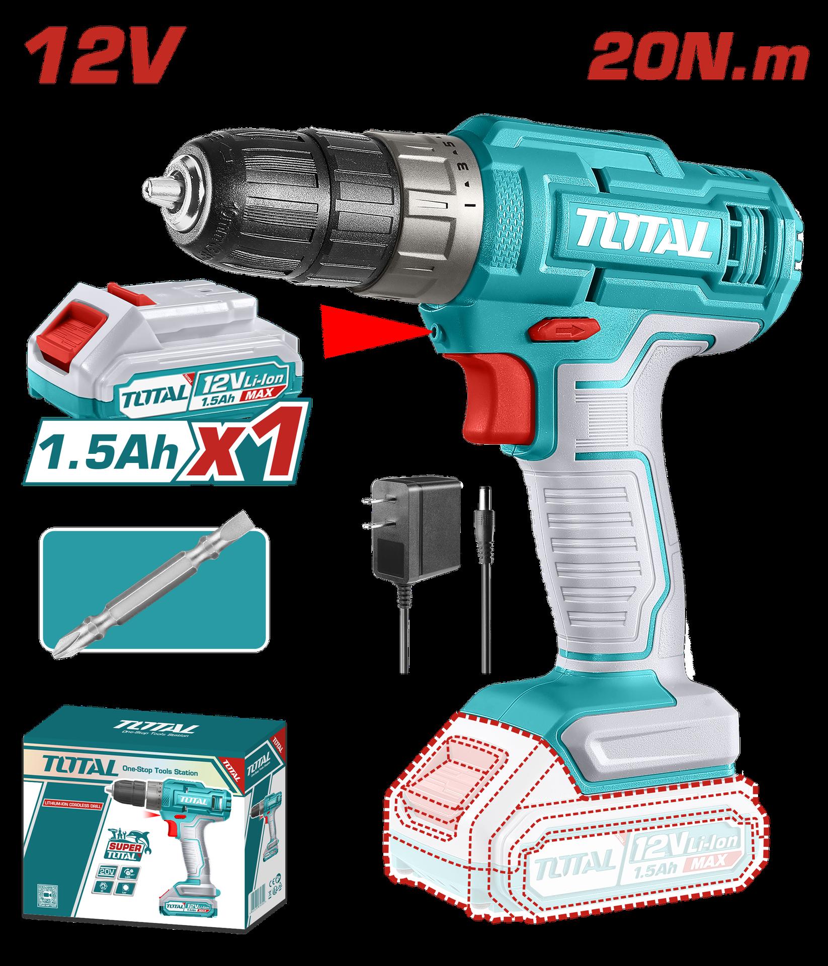 TALADRO INALAMBRICO 1/32-3/8 12V 20 N.M INCLUYE 1 BATERIA DE 1.5AH SUPER TOTAL (UTDLI1218)
